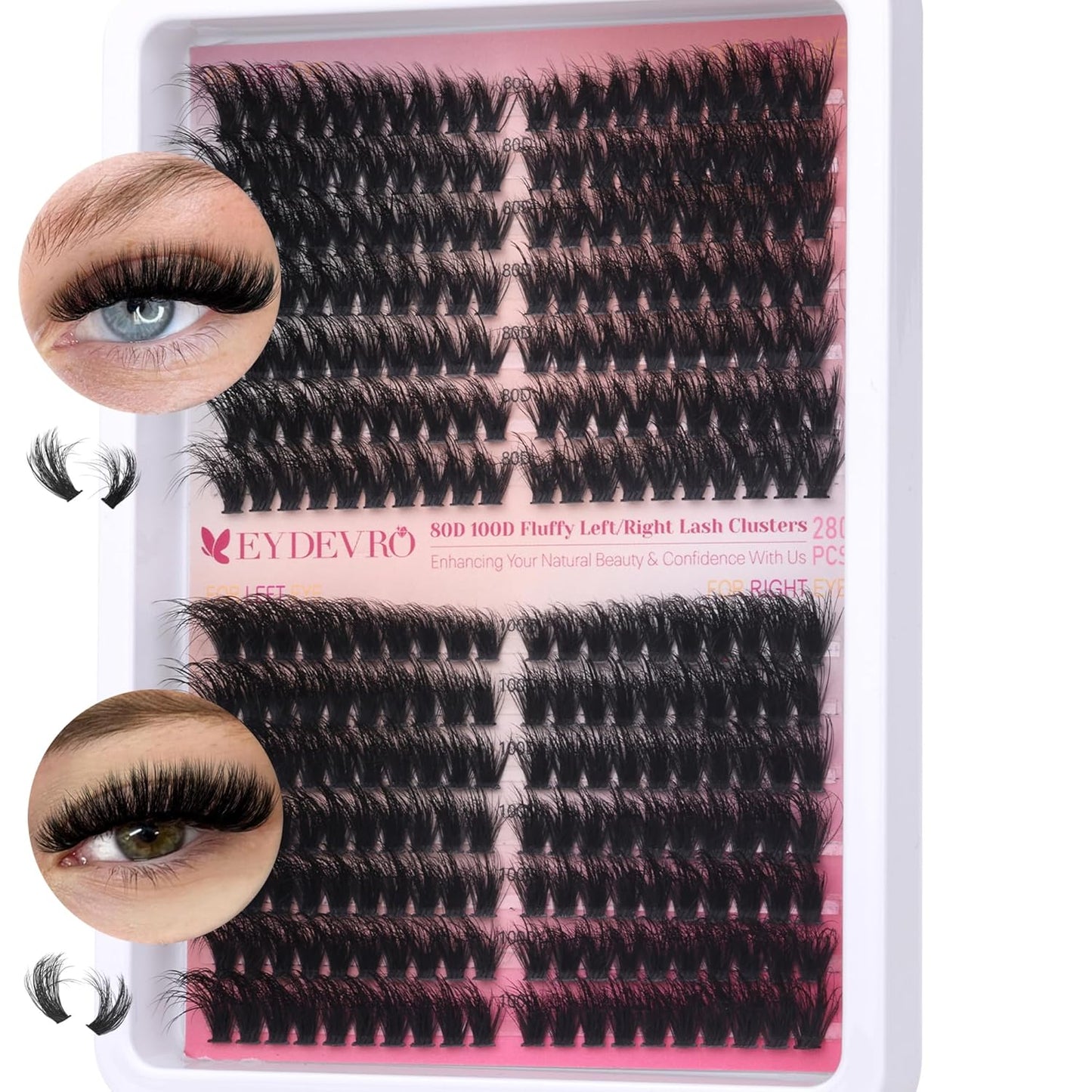 Fluffy Lash Clusters Kit 80D100D Volume Lash Extension Kit 280 Pcs Left/Right Cluster Eyelash Extension Kit D Curl Thick Mega Lash Clusters with Waterproof Lash Bond and Seal and Lash Tweezers