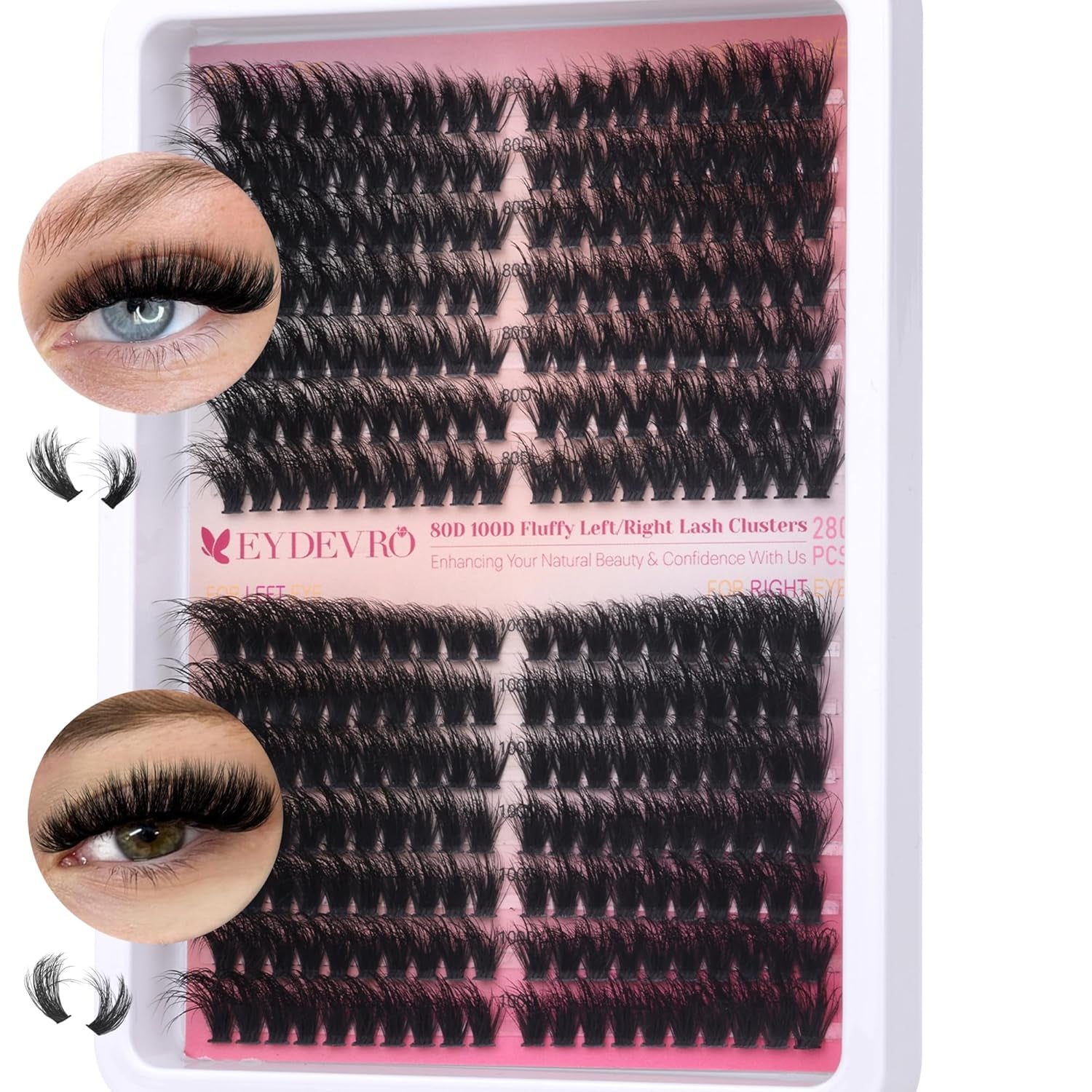 Fluffy Lash Clusters Kit 80D100D Volume Lash Extension Kit 280 Pcs Left/Right Cluster Eyelash Extension Kit D Curl Thick Mega Lash Clusters with Waterproof Lash Bond and Seal and Lash Tweezers
