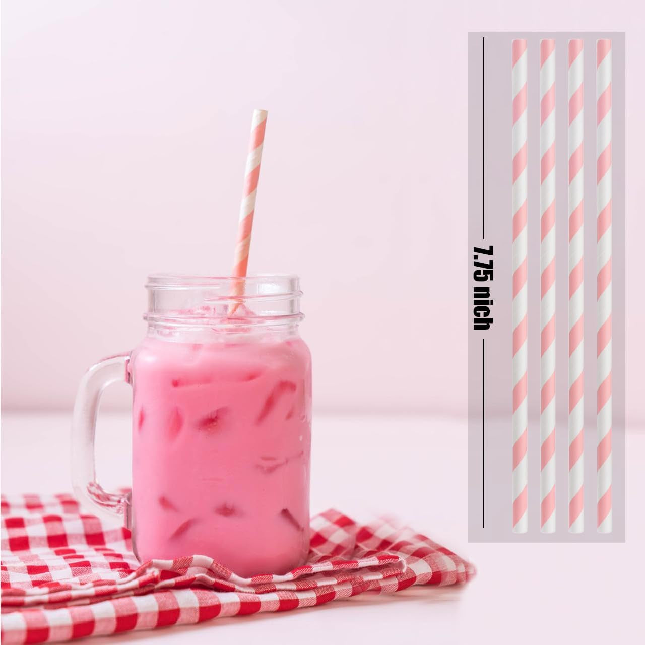 100 Pink and White Striped Paper Straws, Biodegradable Disposable Drinking Straws for Christmas, Brithday, New Year, Party Decoration Supplies