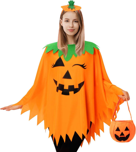 3 PCS Halloween Pumpkin Poncho for Women,Pumpkin Cape Costume with Headband and Candy Bag,Halloween Costume for Women Adults