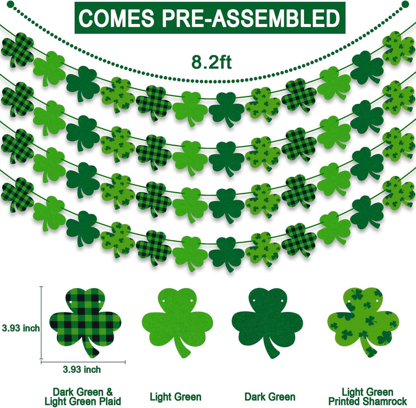4PCS Felt Shamrock Clover Garland Banner - NO DIY, St. Patrick'S Day Decorations - Buffalo Plaid Dark Green Light Green Happy St. Patrick'S Day Banner for Home Mantel Office Irish Day Party Supplies