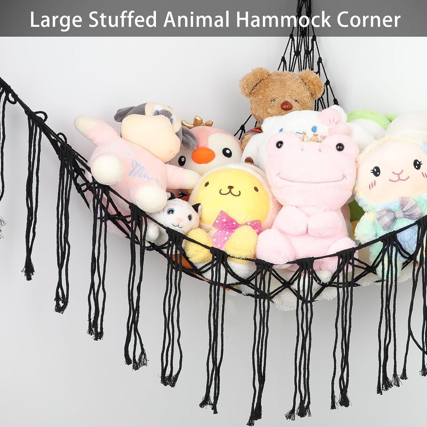 Boho Stuffed Animals Net or Hammock Large,55 Inch Toy Hammock Macrame Stuff Animal Storage Corner Hanging Net Holder,Mesh Hammock Plush Toy Organizer with Hooks for Bedroom,Nursery (Black)