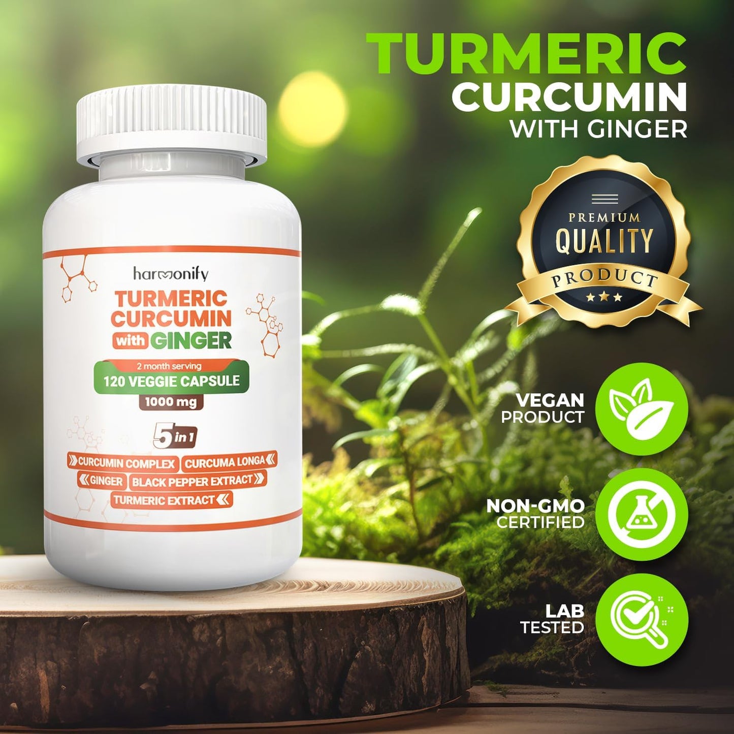 Turmeric Curcumin Supplement with Ginger, Ceylon Cinnamon and Black Pepper Complex 5 in 1 Formula, Curcuma Longa, Max Absorption, 1000 Mg, 120 Herbal Extract Capsules TLBH