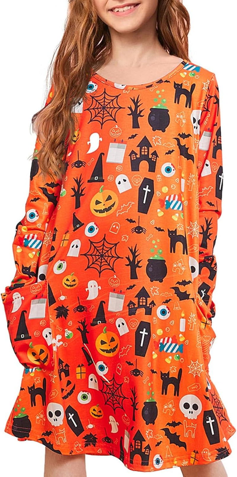 Girls Halloween Costumes Dresses for Kids Costume Dress Long Sleeve Printed Shirt Dresses with Pockets
