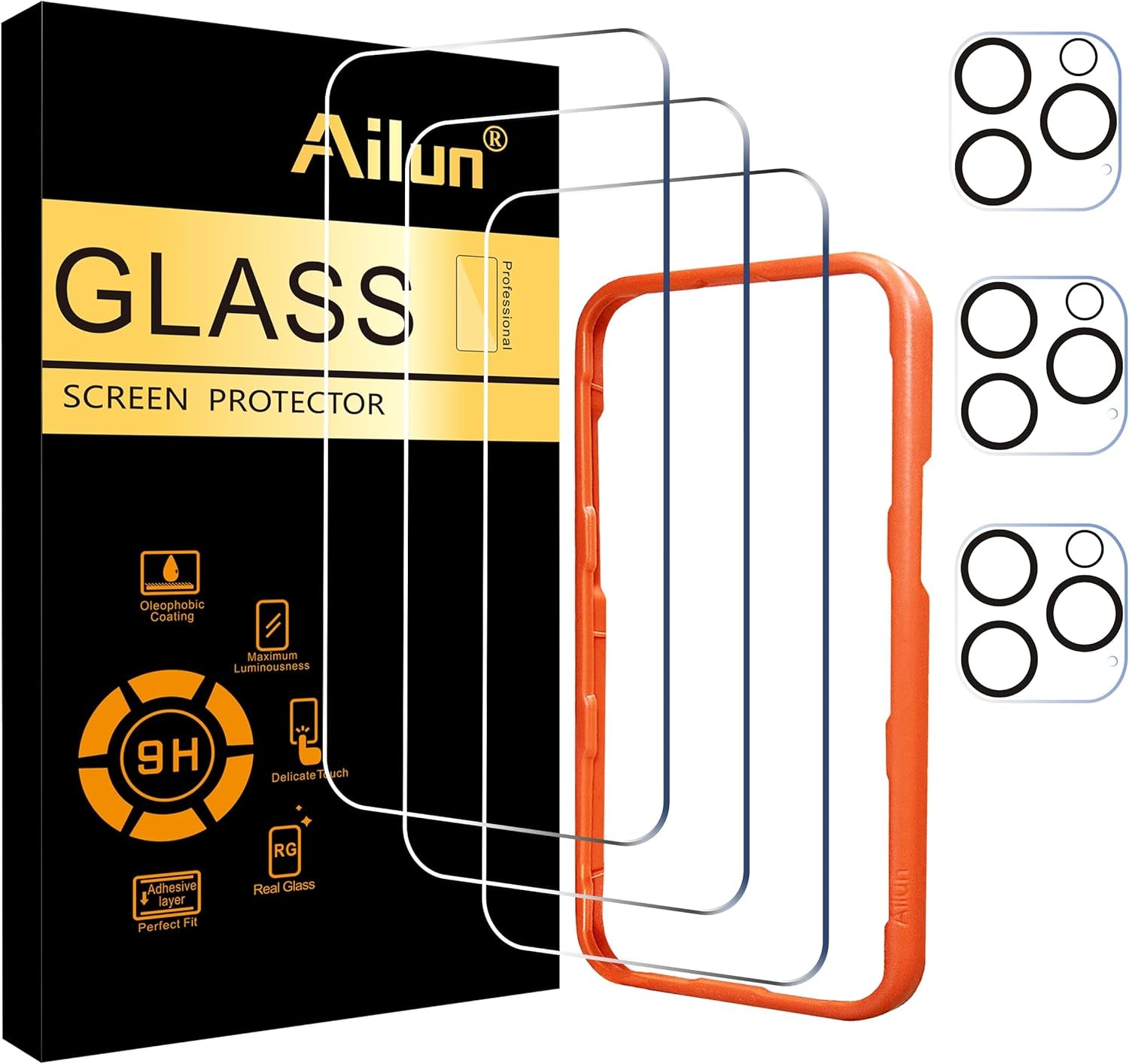 3 Pack Screen Protector for Iphone 16 [6.1 Inch] + 3 Pack Camera Lens Protector with Installation Frame,Case Friendly Tempered Glass Film,[9H Hardness] - HD [6 Pack]