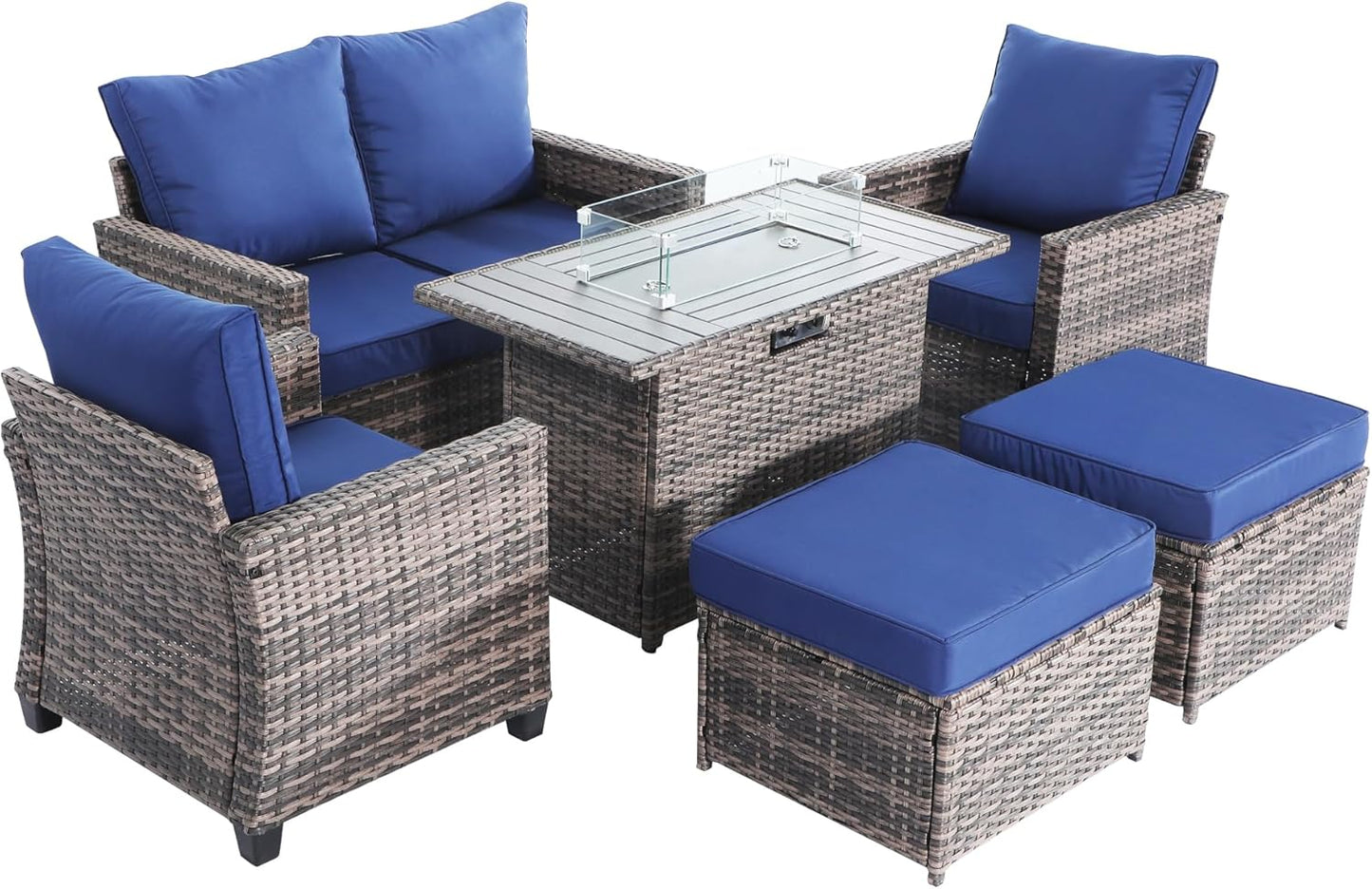 7 Piece Outdoor Furniture Set, PE Rattan Patio Conversation Set, Outdoor Sectional Furniture Sofa Set with Thick Cushions and Coffee Table, Navy Blue