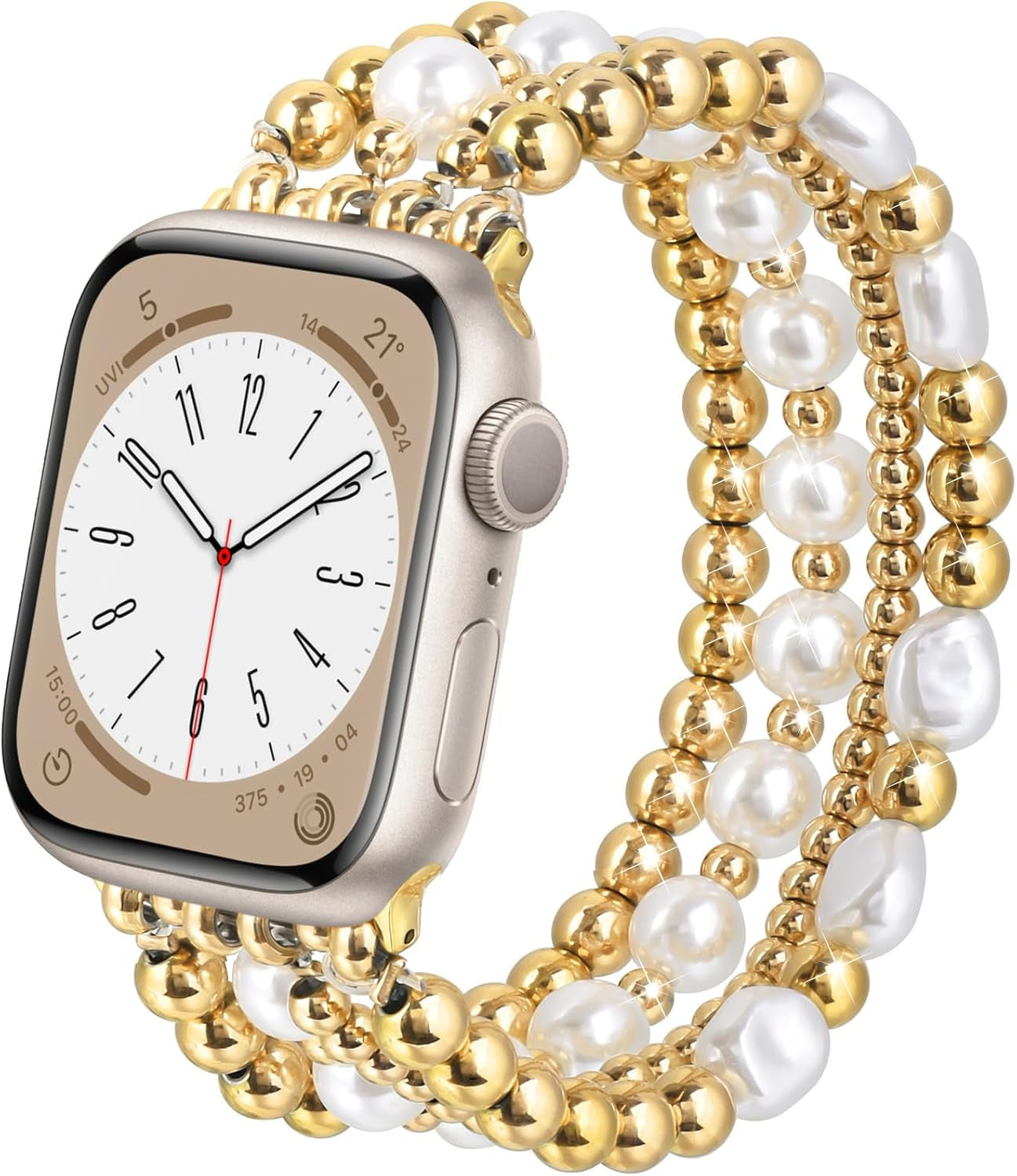 Gold Beaded Bracelets Compatible for Apple Watch Band 38Mm 40Mm 41Mm 42Mm 44Mm 45Mm Women, Fashion Handmade Dressy Iphone Watch Bands Elastic Strap for Iwatch Series SE 8 7 6 5 4 3 2 1