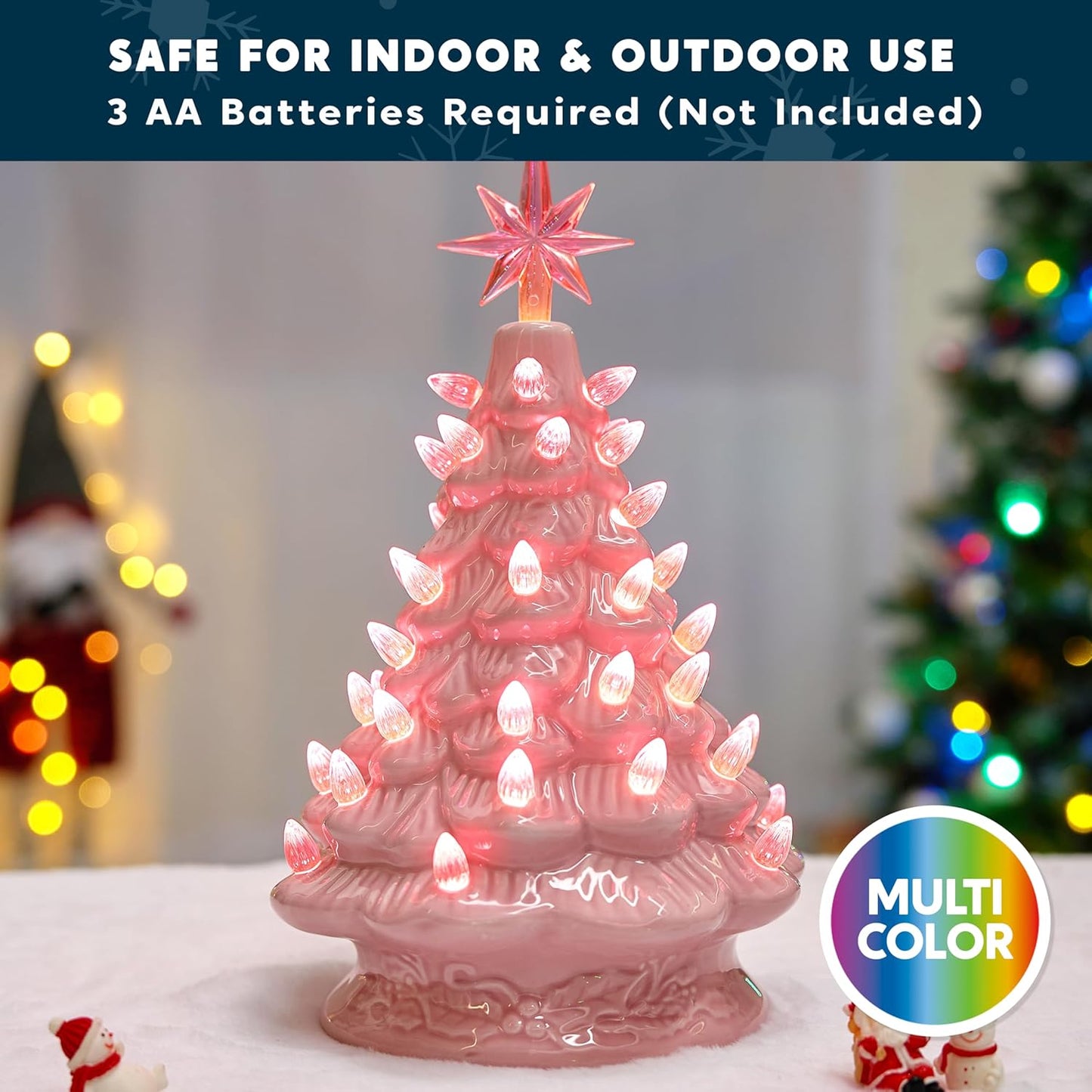 12" Pink Ceramic Christmas Tree, Prelit Tabletop Christmas Tree with Extra Pink Top Star & Bulbs for Best Desk Decoration