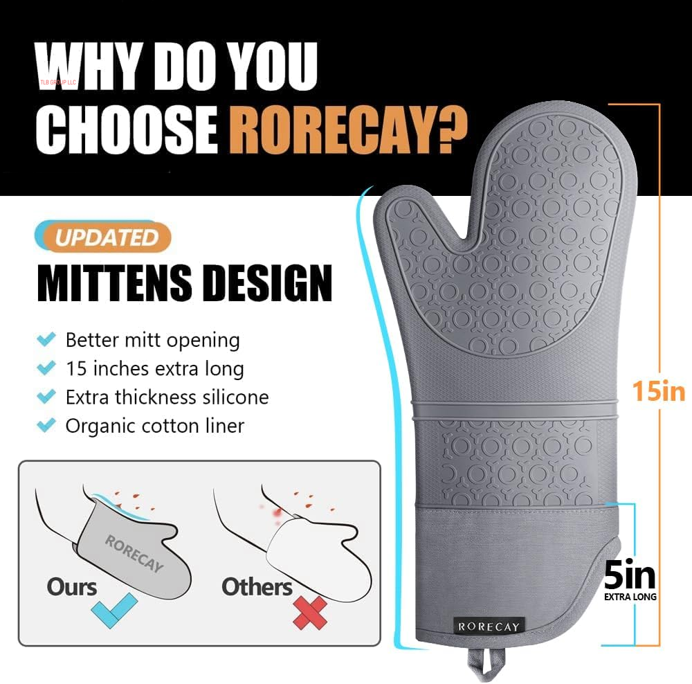Extra Long Oven Mitts and Pot Holders Sets: Heat Resistant Silicone Oven Mittens with Mini Oven Gloves and Hot Pads Potholders for Kitchen Baking Cooking, Quilted Liner, Gray, Pack of 6