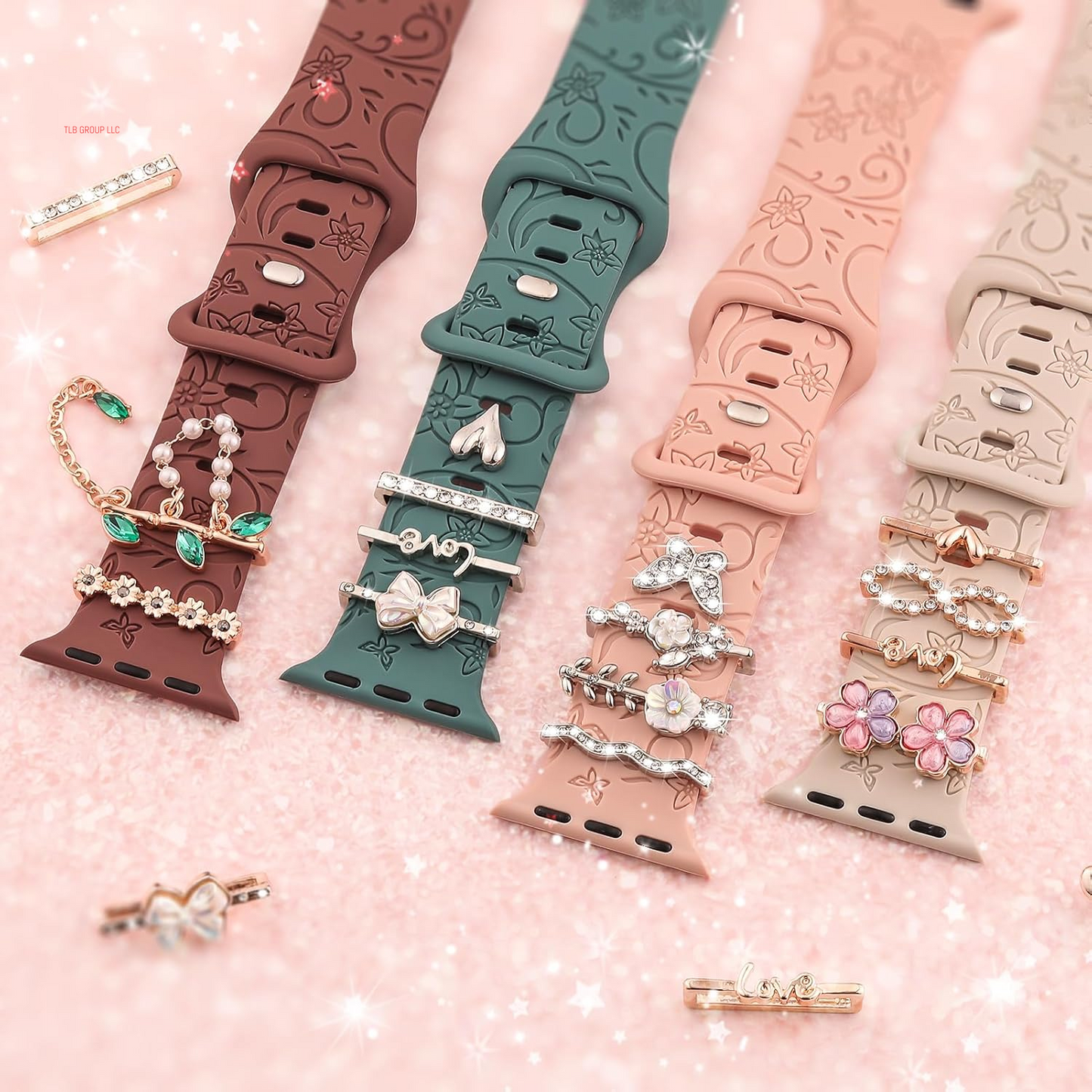 Charm+Band for Apple Watch Bands 40Mm 41Mm 38Mm 44Mm 45Mm 46Mm 42Mm Women Men,Floral Engraved Silicone Sport Band+Decorative Ring Loops for Iwatch Series 10 9 8 7 6 5 4 3 SE Ultra/2 49Mm,Jewelry Strap