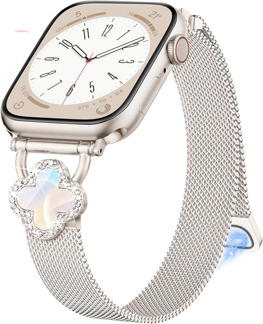 Thin Clover Magnetic Band for Apple Watch Bands for Women 46Mm 45Mm 44Mm 42Mm 49Mm, Slim Cute Bling Metal Milanese Iwatch Bands for Iphone Watch Series 10 9 8 7 6 5 4 3 2 1 SE Ultra-Starlight