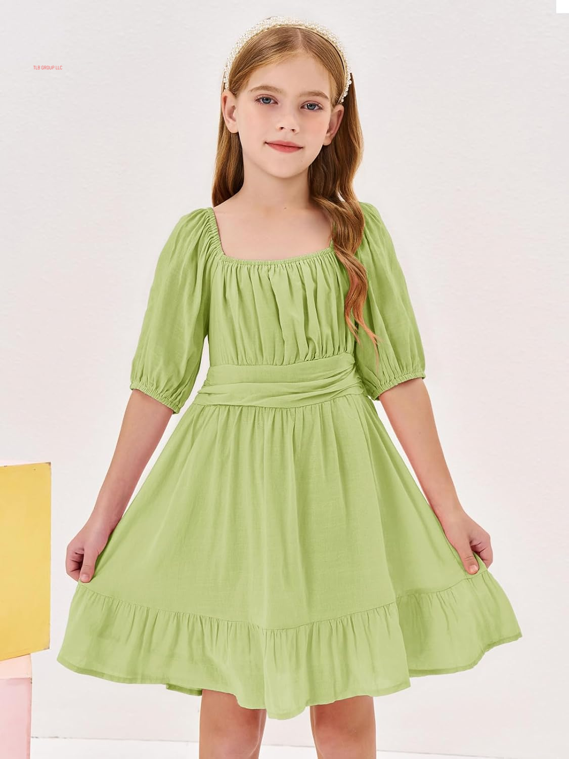 Girls Summer Dresses Square Neck Lantern Sleeve Tie Backless Ruffle A-Line Party Mini Dress