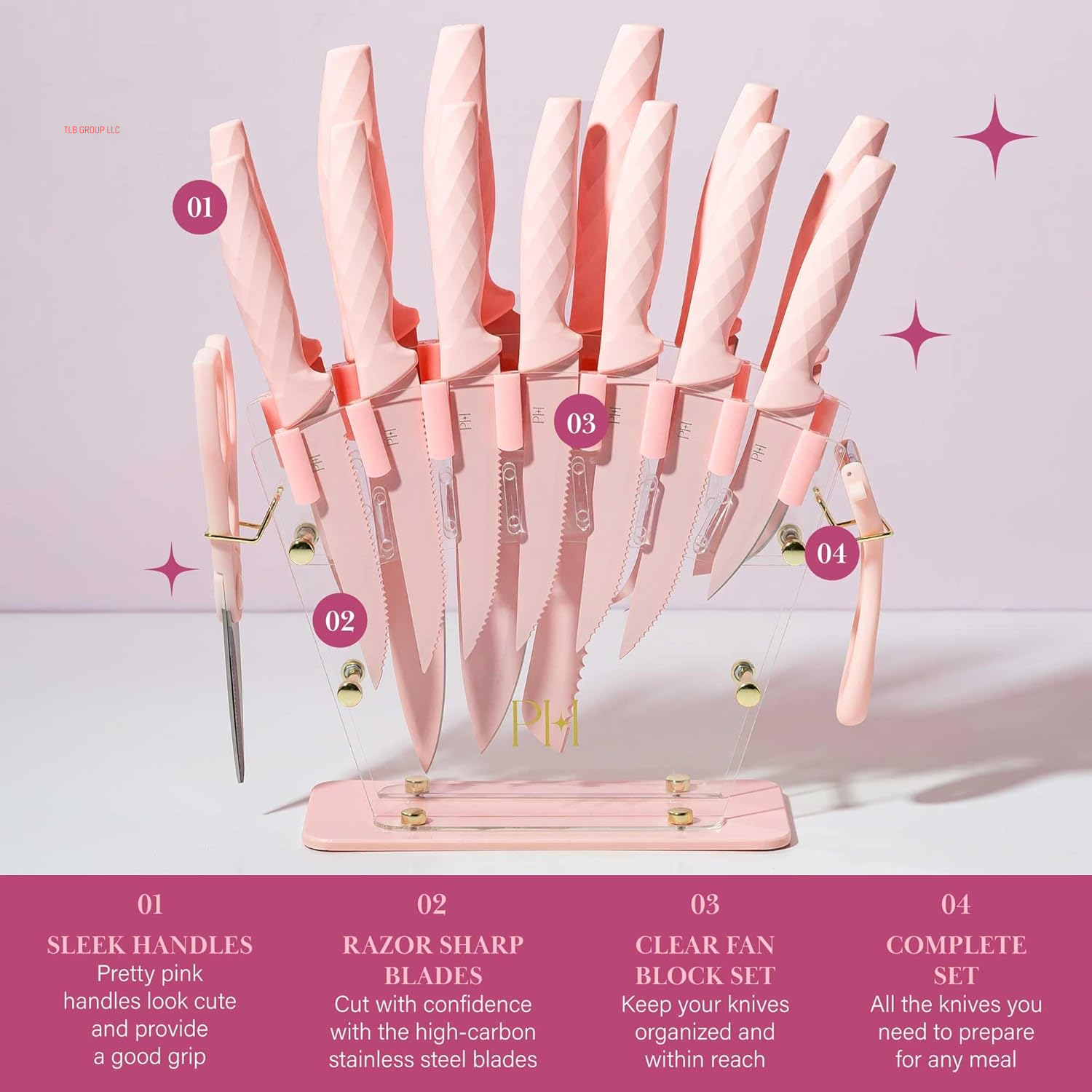 Knife Block Set with Fan Style Clear Acrylic Knife Block, Premium Stainless Steel Blades with Nonstick Coating, Comfort Grip Handles, 16-Piece Set, Pink and Gold