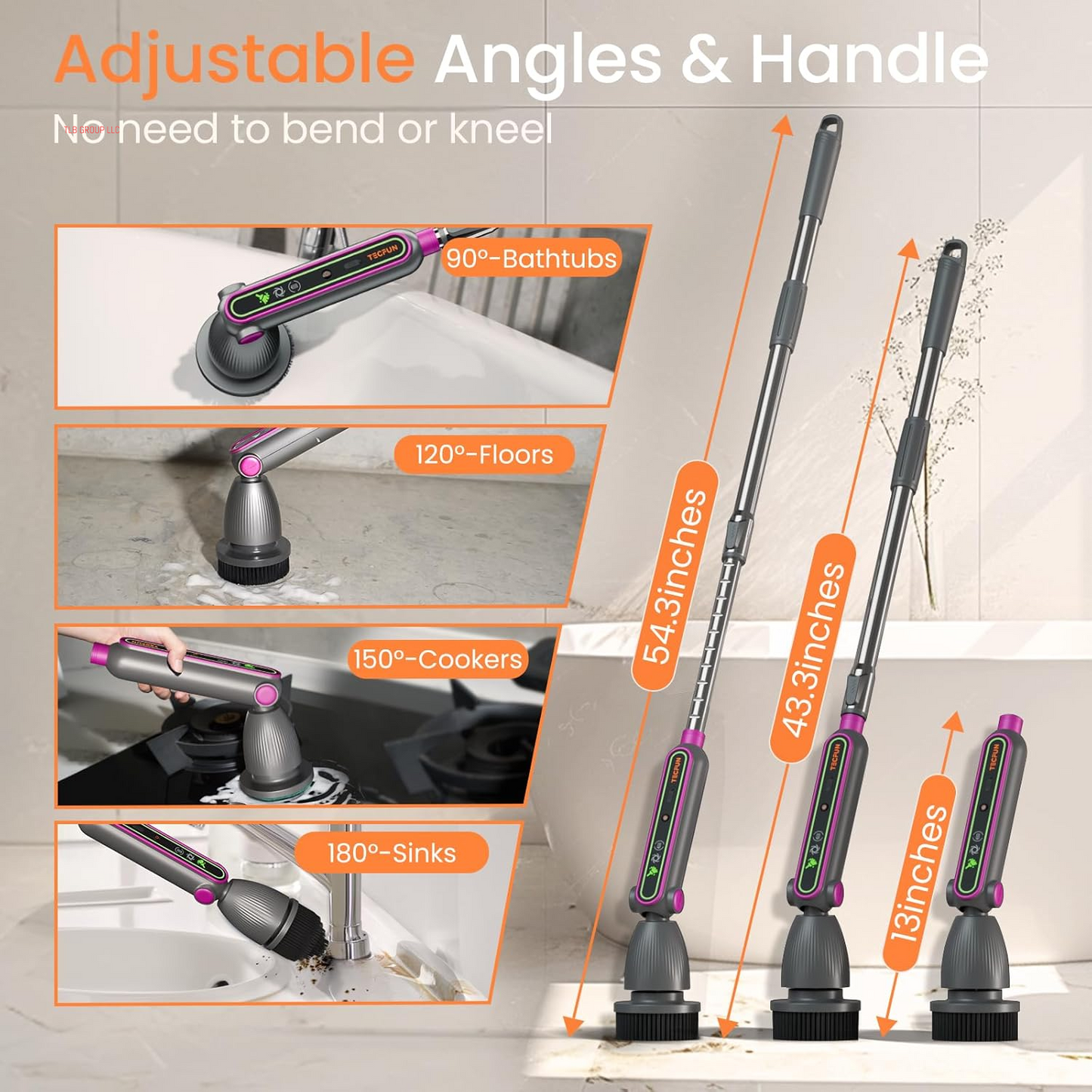 Electric Spin Scrubber 16 in 1 Cleaning Brush with Adjustable Angles & Heads, Bathroom Power Scrubber with Extendable Handle, Interactive LED, Cleaning Supplies for Toilet,Kitchen,Shower-Grey