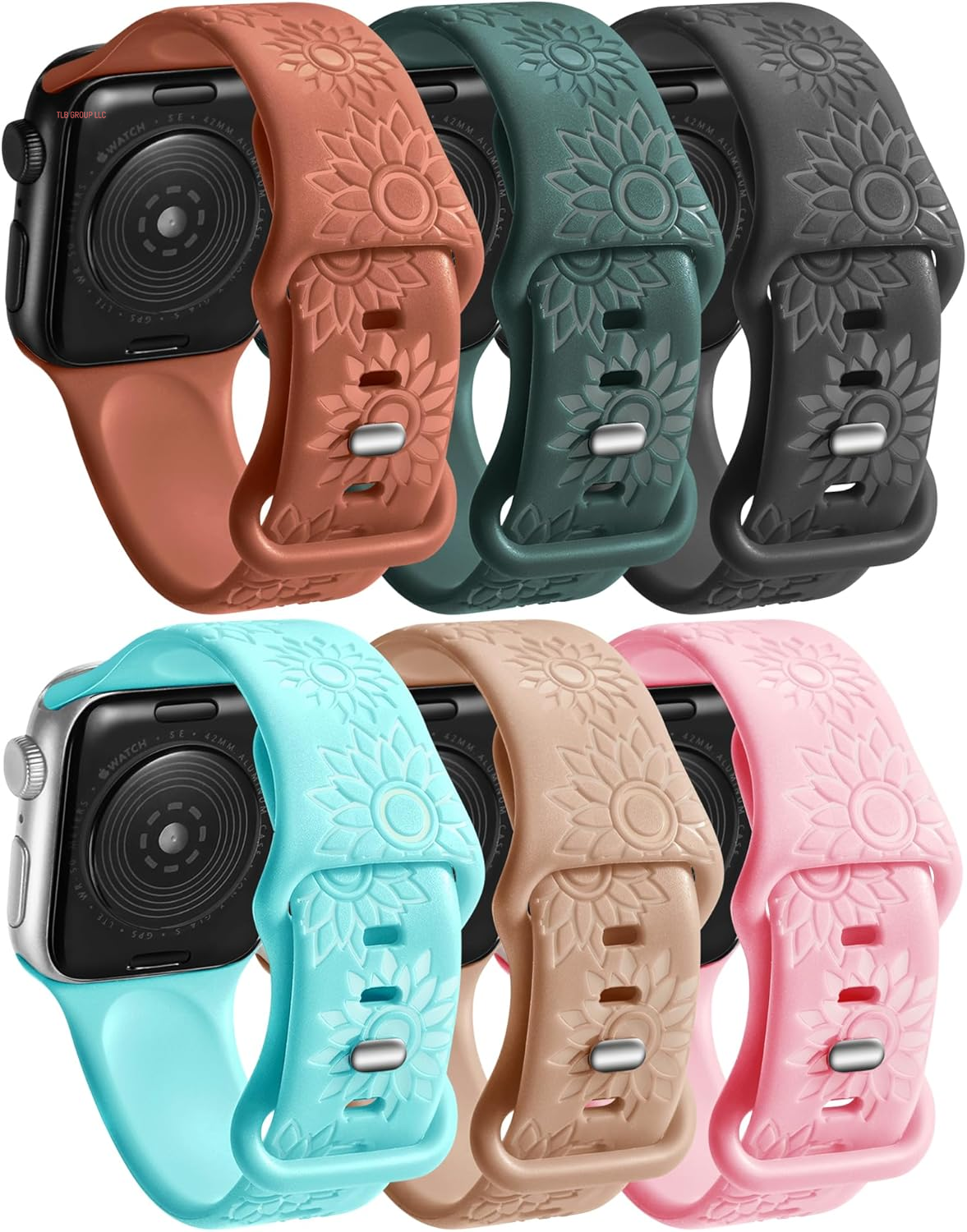 6 Pack Flower Engraved Bands Compatible Apple Watch Band with 38Mm 40Mm 41Mm 42Mm 44Mm 46Mm 45Mm 49Mm Women Men.Silicone Floral Reflective Sport Strap for Iwatch Series 10 9 8 7 6 5 4 3 SE Ultra 2 1