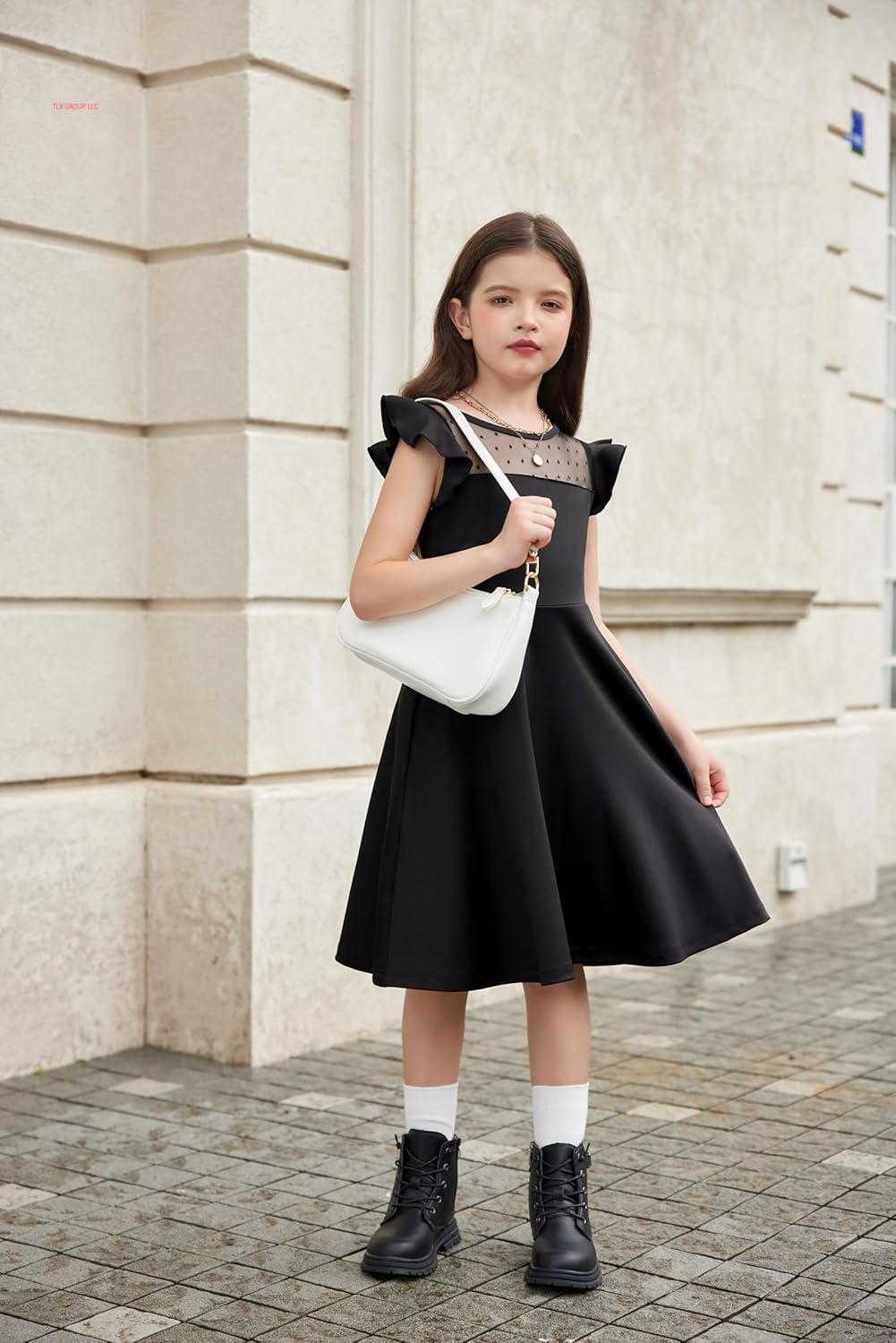 Girls Dresses Summer Formal Party Wedding Ruffle Sleeve Mesh a Line Dress with Pockets