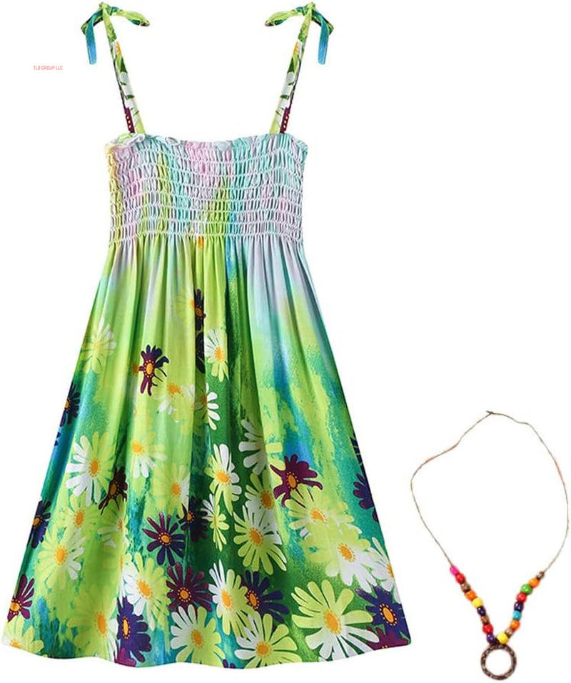 Girls Bohemian Dresses Floral Sleeveless Rainbow Beach Sundress with Necklace 2-12T