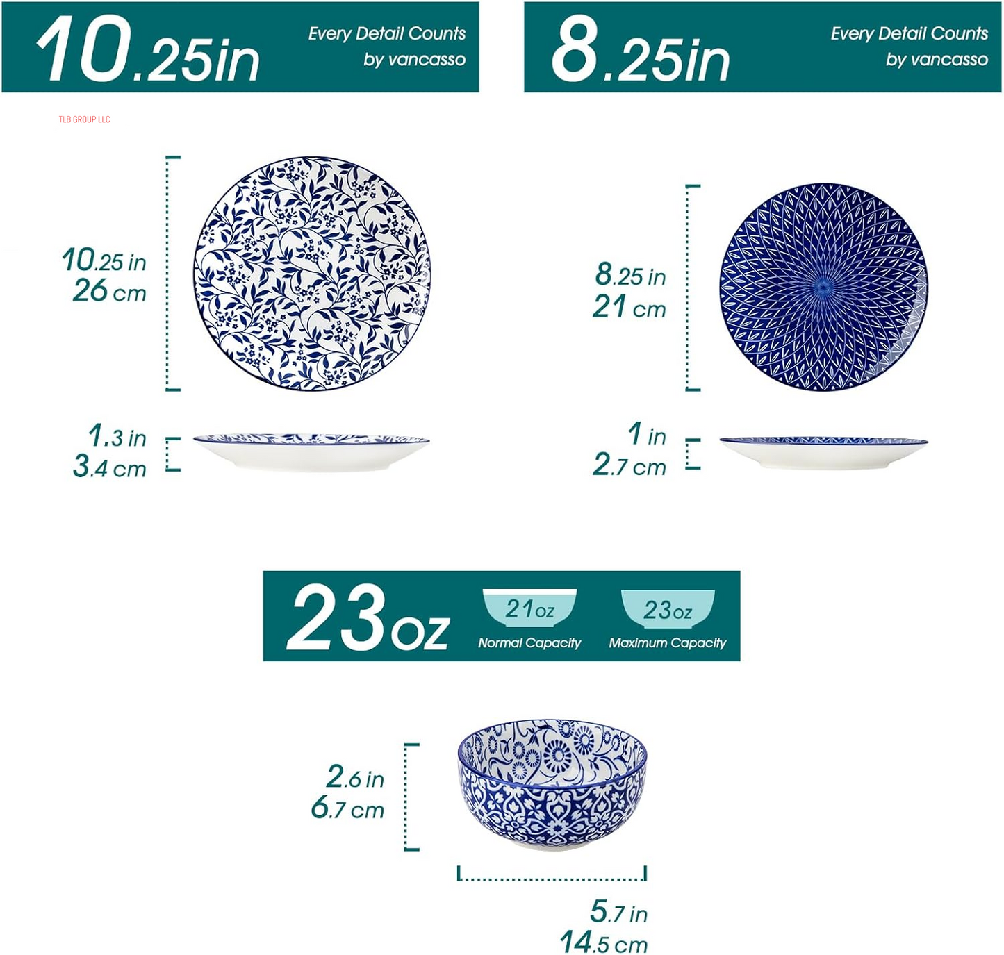 SELENE Plates and Bowls Set for 4, 12 Pieces Dinnerware Sets, Mircowave and Dishwasher Safe Dishes Set, Porcelain Blue Kitchen Set