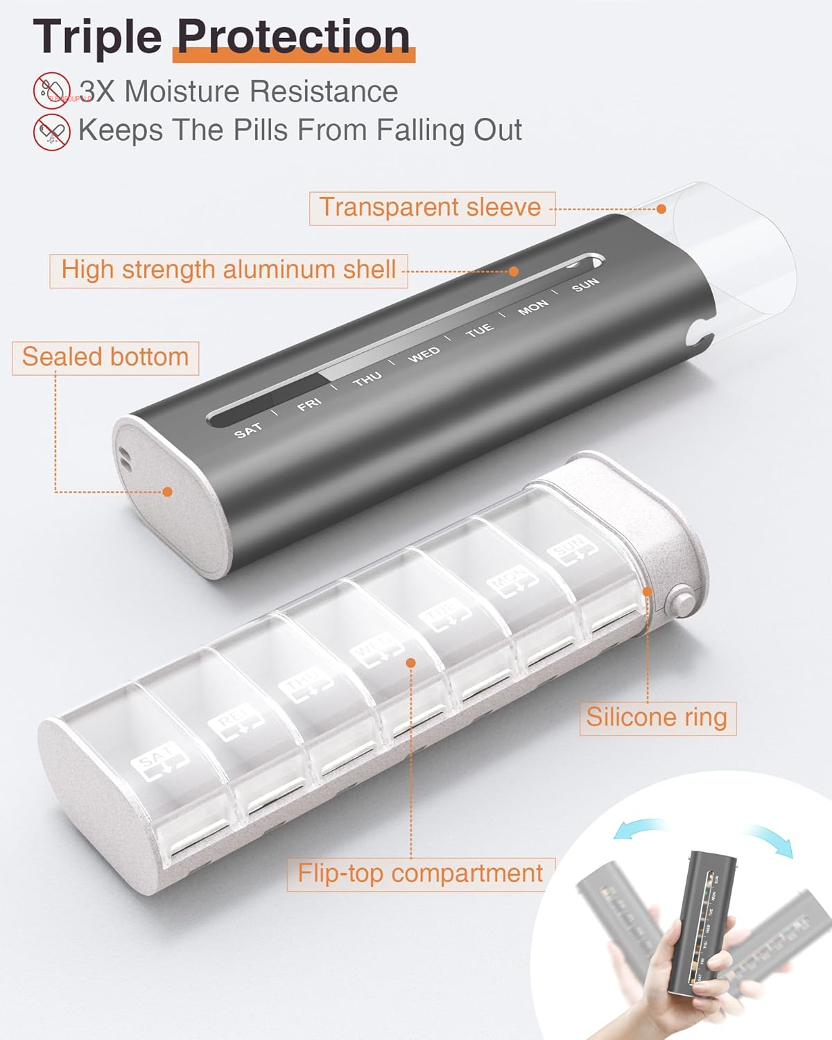 Metal Weekly Pill Organizer, Aluminum Daily Pill Box, 7 Day Portable Travel Pill Case, Large Capacity Pill Holder Container for Pills, Medicines, Vitamins, Fish Oil, Supplements, Steel Grey