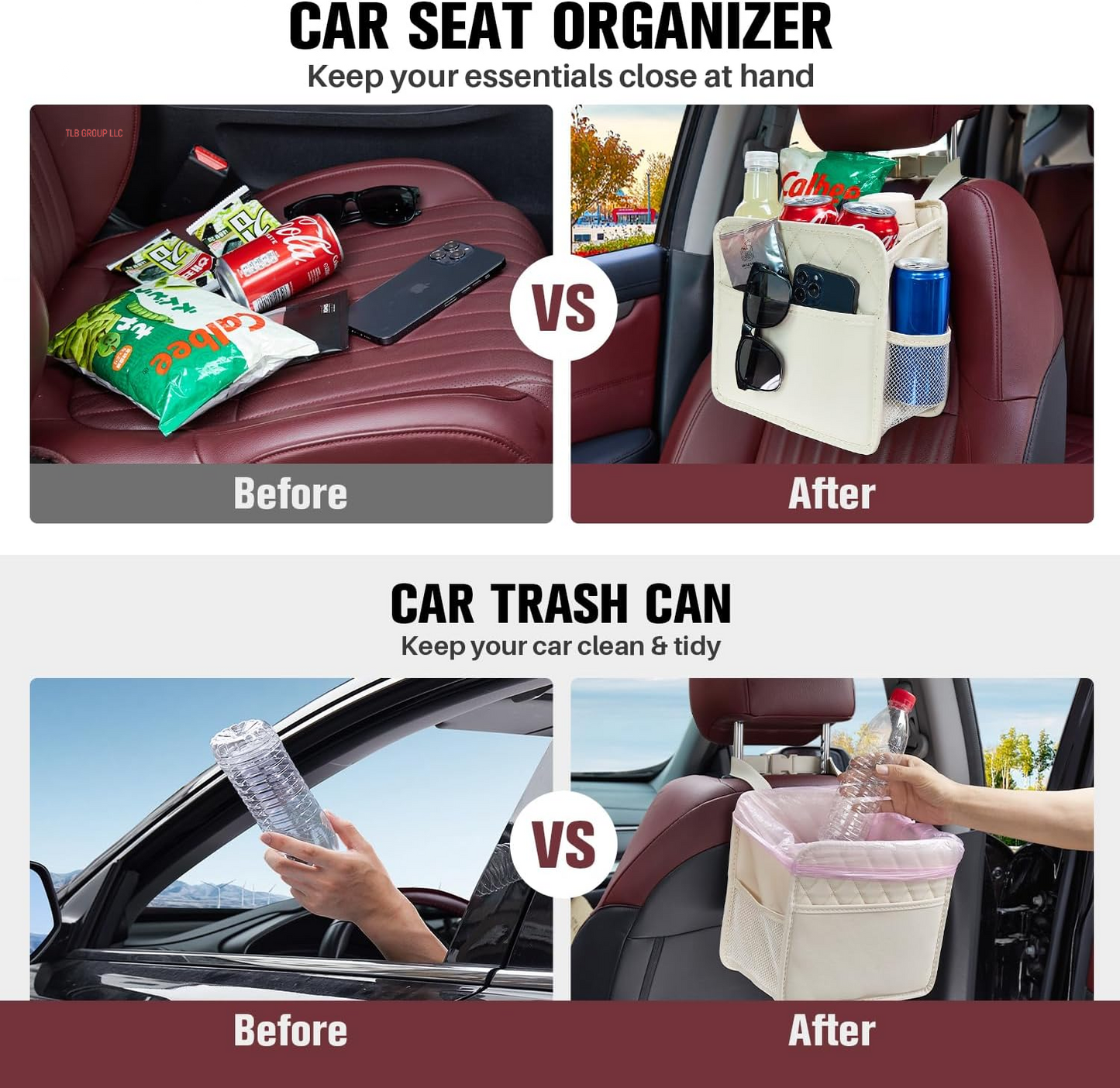 Back Seat Car Organizer, Large Car Seat Organizer with Cup Holders Multifunctional over the Car Seat Organizer Backseat Hanging Leather Car Seat Organizers and Storage Bags(Beige 1Pack)