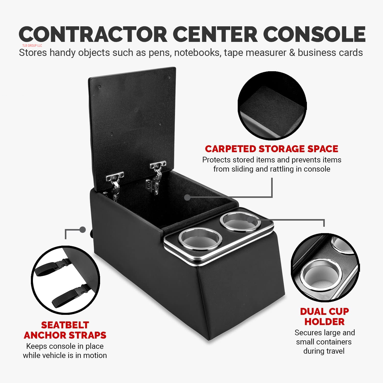 Automotive 124810 Universal Truck Seat/Bench Contractor Center Console Business Organizer and Storage with Cup Holders and Padded Top Lid for Armrest, Black