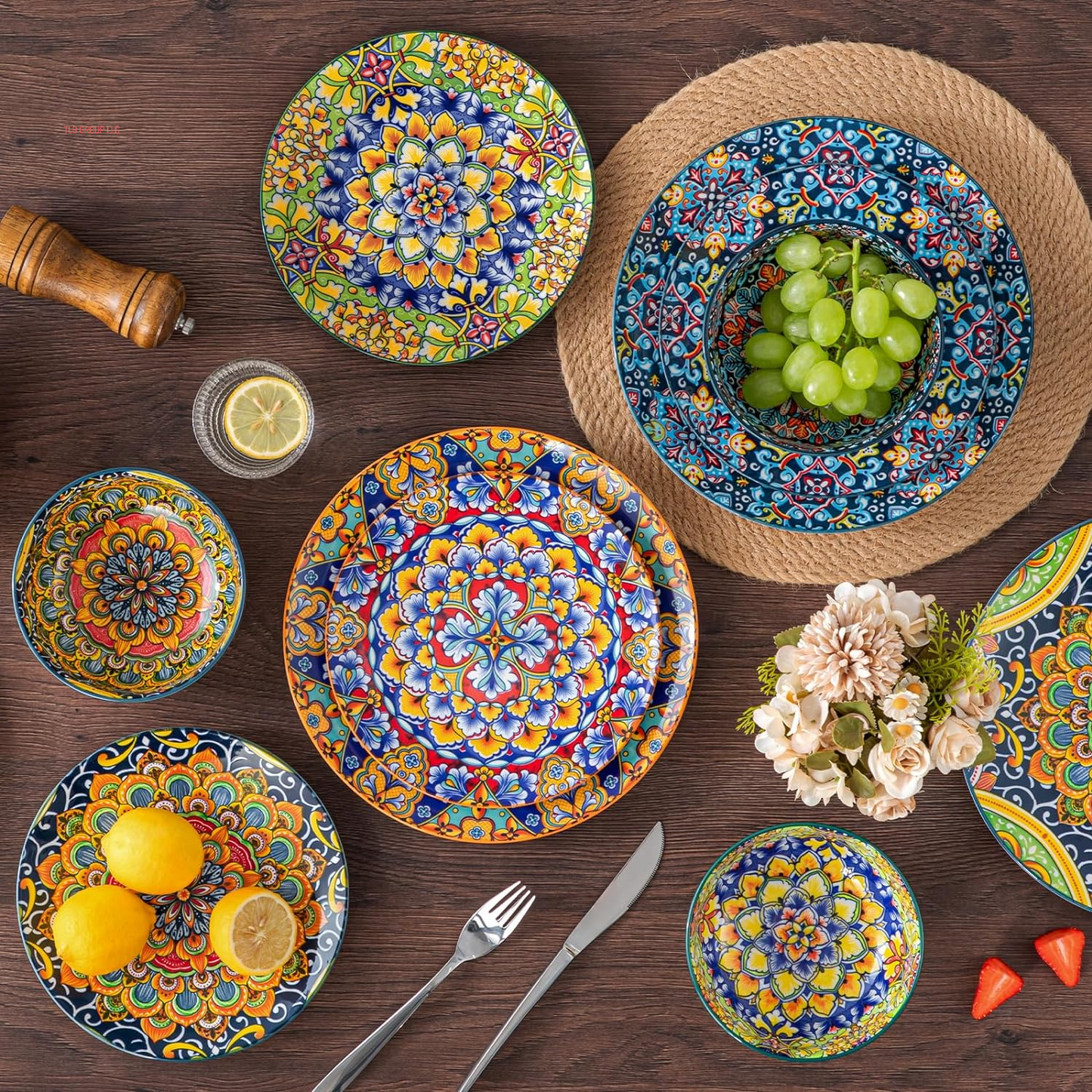 12 Pieces Dinnerware Sets, Plates and Bowls Set, Porcelain Dishes Set for 4, Microwave and Dishwasher Safe, Scratch Resistant, Bohemian Style Dining Ware Service for 4, Series SIMI