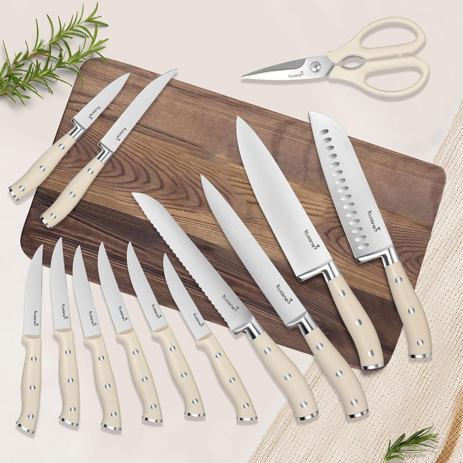 Chef Knife Set,High Carbon Stainless Steel Sharp Knife Set Ergonomic Handle,Kitchen Knife Block Set with Built-In Sharpener(Ivory Pro,15Pcs)