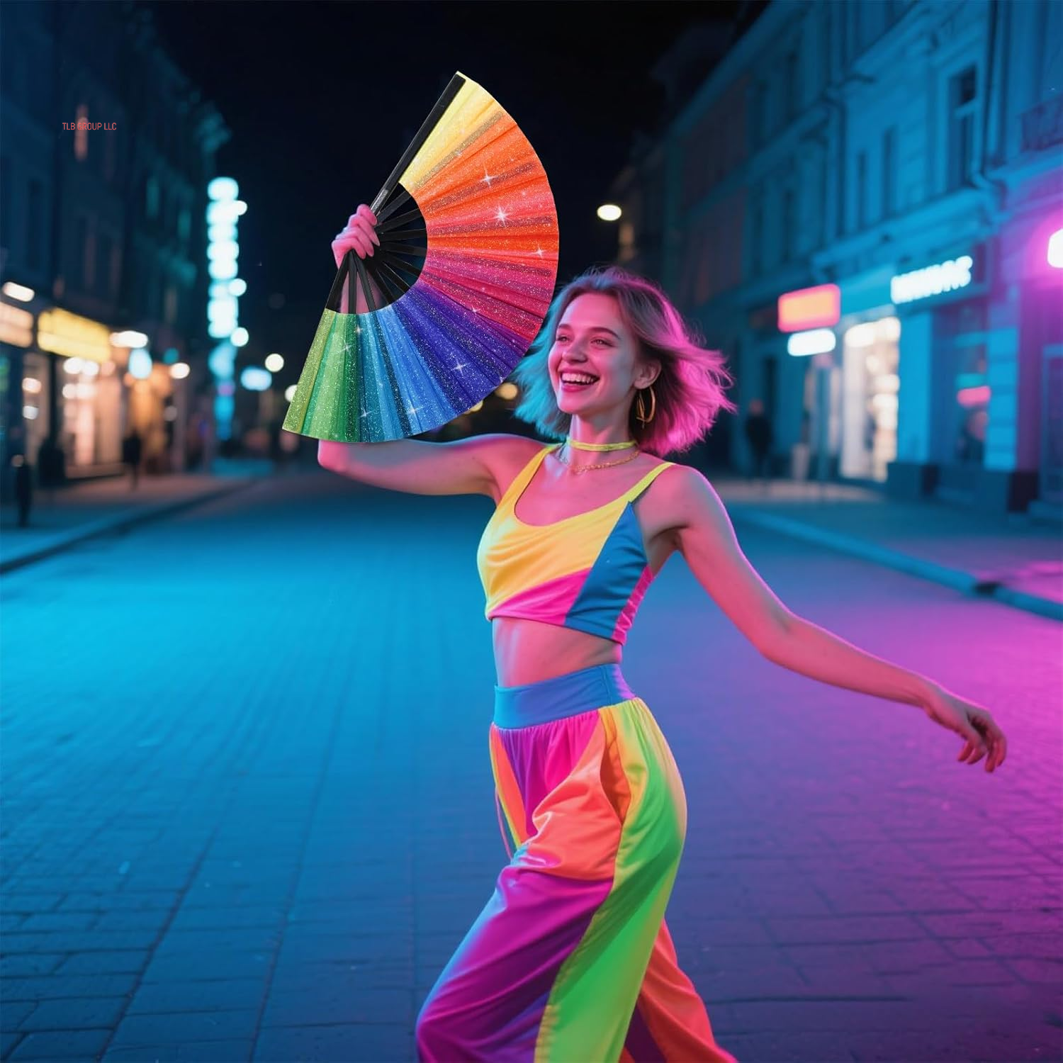 Rainbow Rave Folding Hand Fan, Large Line Dance Popping Fan, Festival Clacking Fan with Fabric Case, Perfect for Dance, Performance, Wedding, Party Decoration, Gift