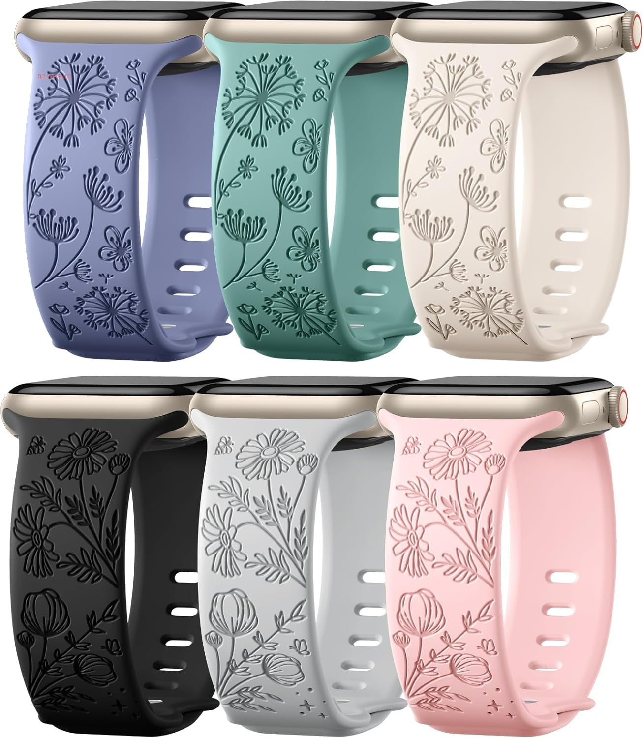6 Pack Flower Engraved Band Compatible with Apple Watch Bands for Women 40Mm 41Mm 42Mm 38Mm 44Mm 45Mm 46Mm 49Mm,Cute Soft Waterproof Sport Strap for Iwatch Bands Women Series 10 9-1 SE Ultra1/2