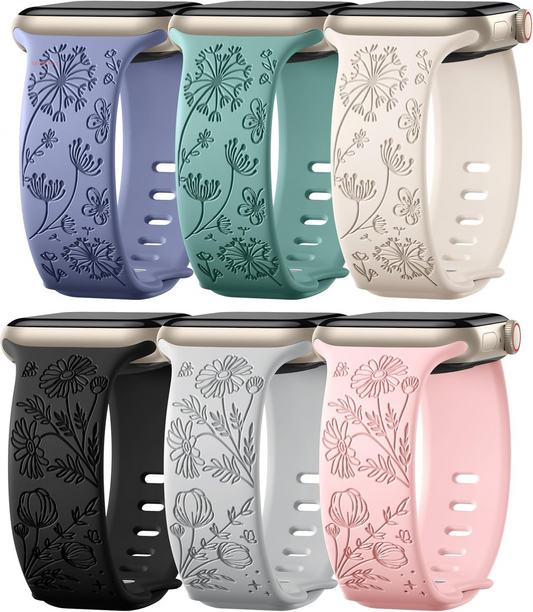 6 Pack Flower Engraved Band Compatible with Apple Watch Bands for Women 40Mm 41Mm 42Mm 38Mm 44Mm 45Mm 46Mm 49Mm,Cute Soft Waterproof Sport Strap for Iwatch Bands Women Series 10 9-1 SE Ultra1/2