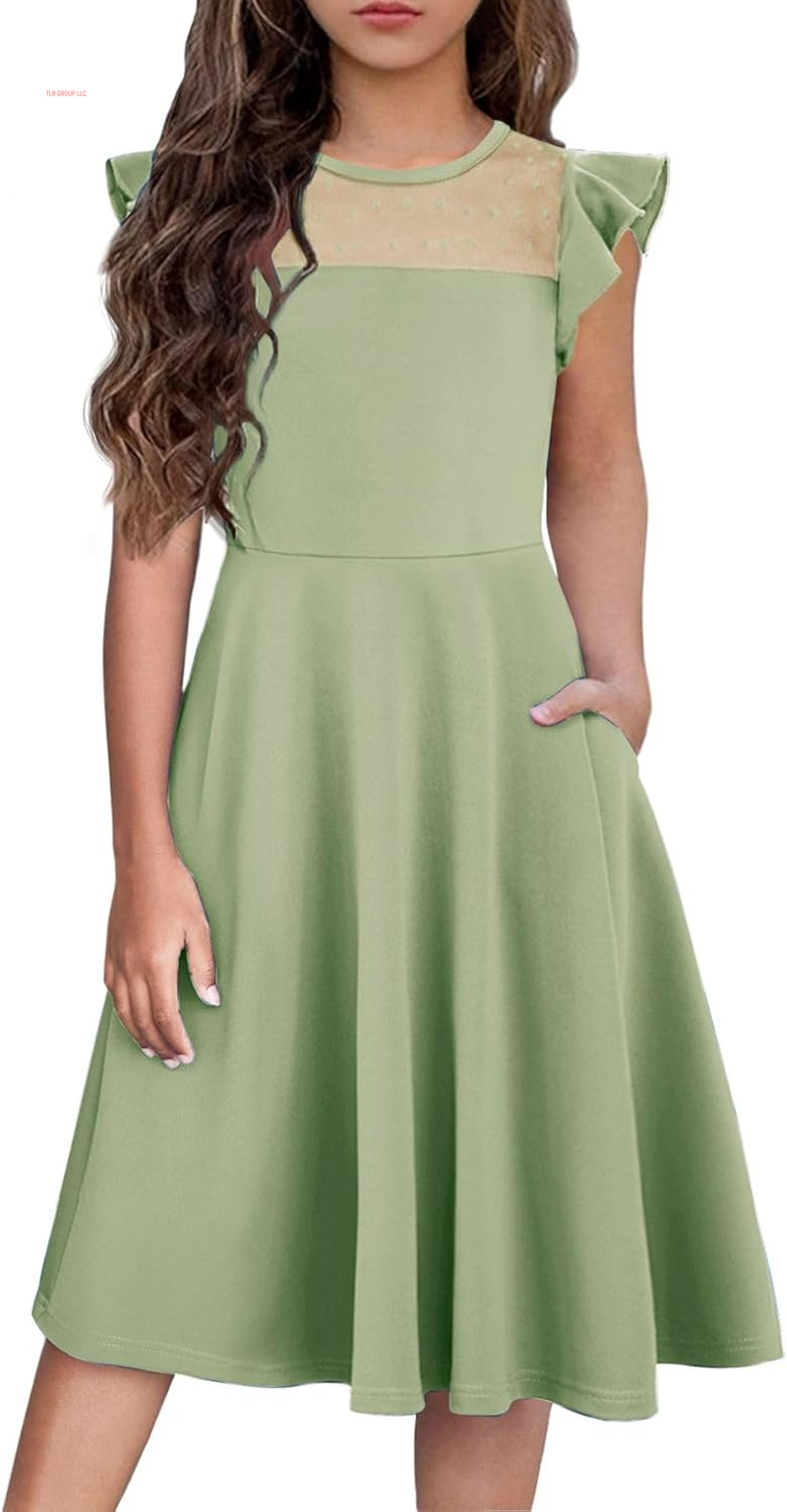 Girls Dresses Summer Formal Party Wedding Ruffle Sleeve Mesh a Line Dress with Pockets