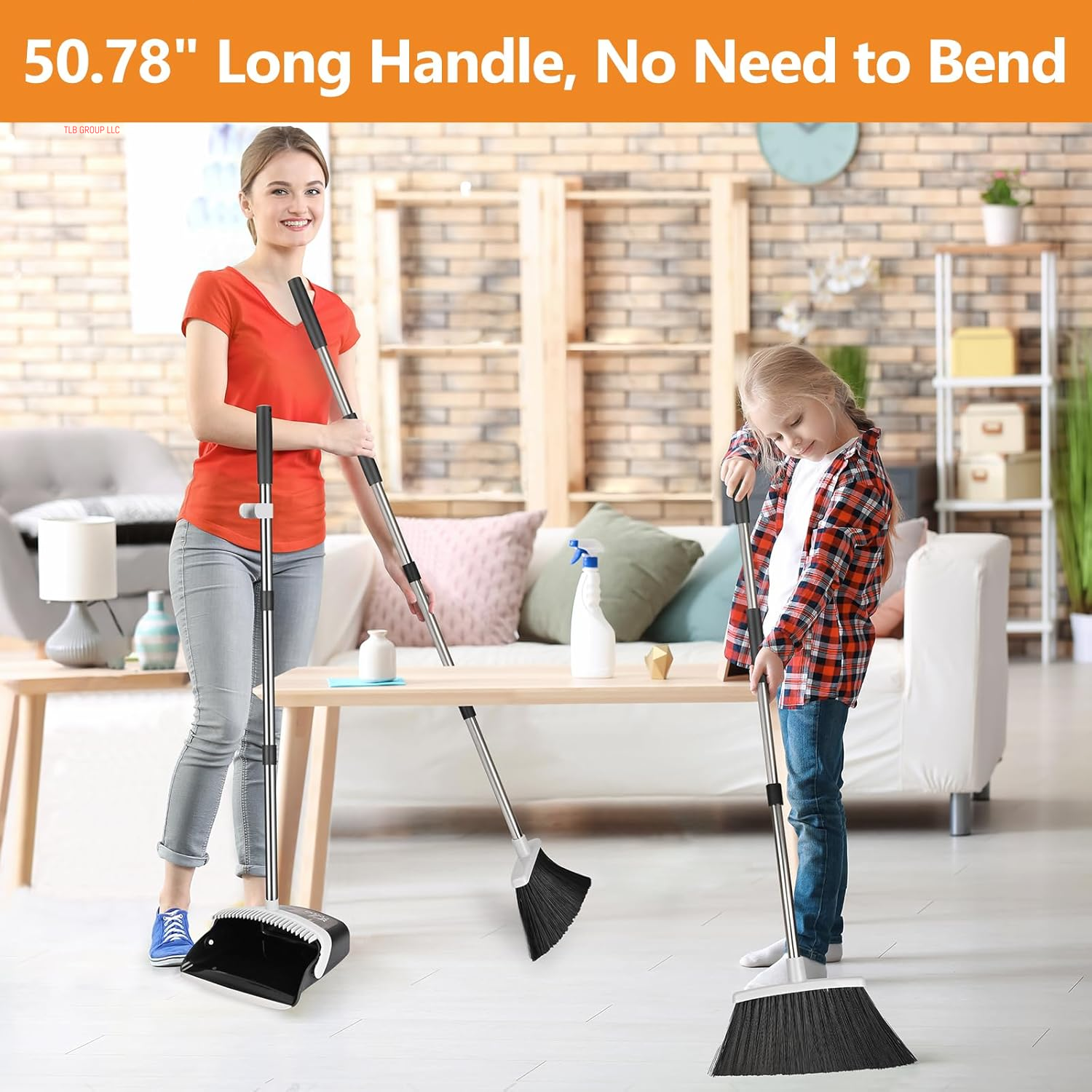 Broom and Dustpan Set, Heavy Duty Dust Pan and Broom with Long Handle 51 Inch Broom with Dustpan Combo Set for Home Kitchen Indoor Outdoor Sweeping Broom for Floor Cleaning - Gray