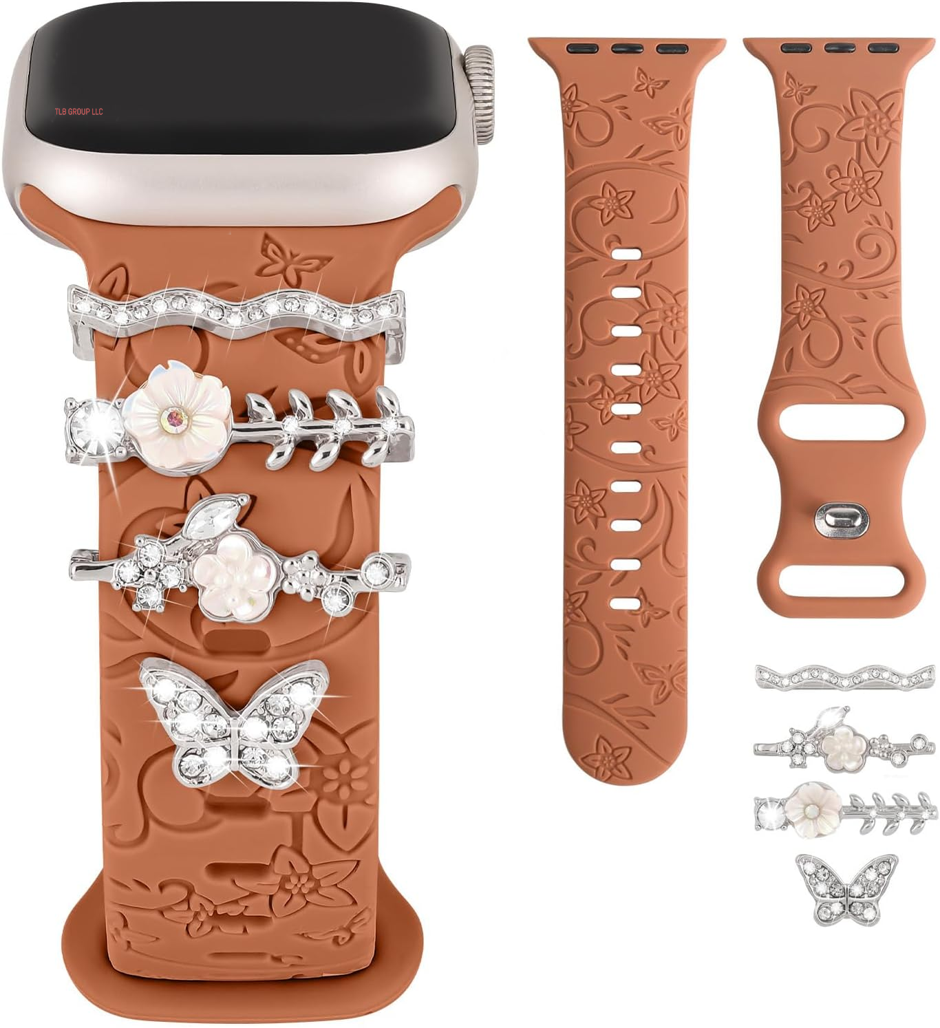 Charm+Band for Apple Watch Bands 40Mm 41Mm 38Mm 44Mm 45Mm 46Mm 42Mm Women Men,Floral Engraved Silicone Sport Band+Decorative Ring Loops for Iwatch Series 10 9 8 7 6 5 4 3 SE Ultra/2 49Mm,Jewelry Strap