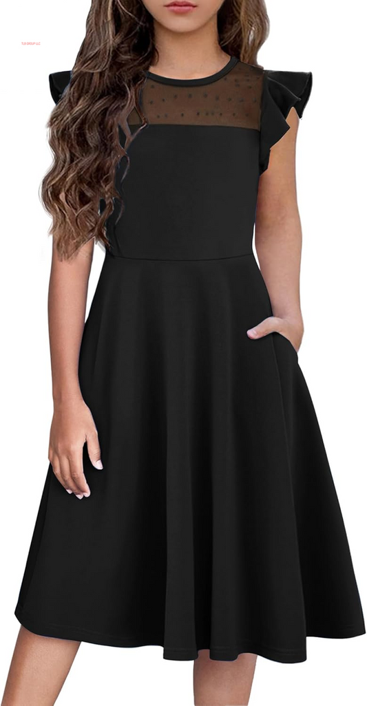 Girls Dresses Summer Formal Party Wedding Ruffle Sleeve Mesh a Line Dress with Pockets