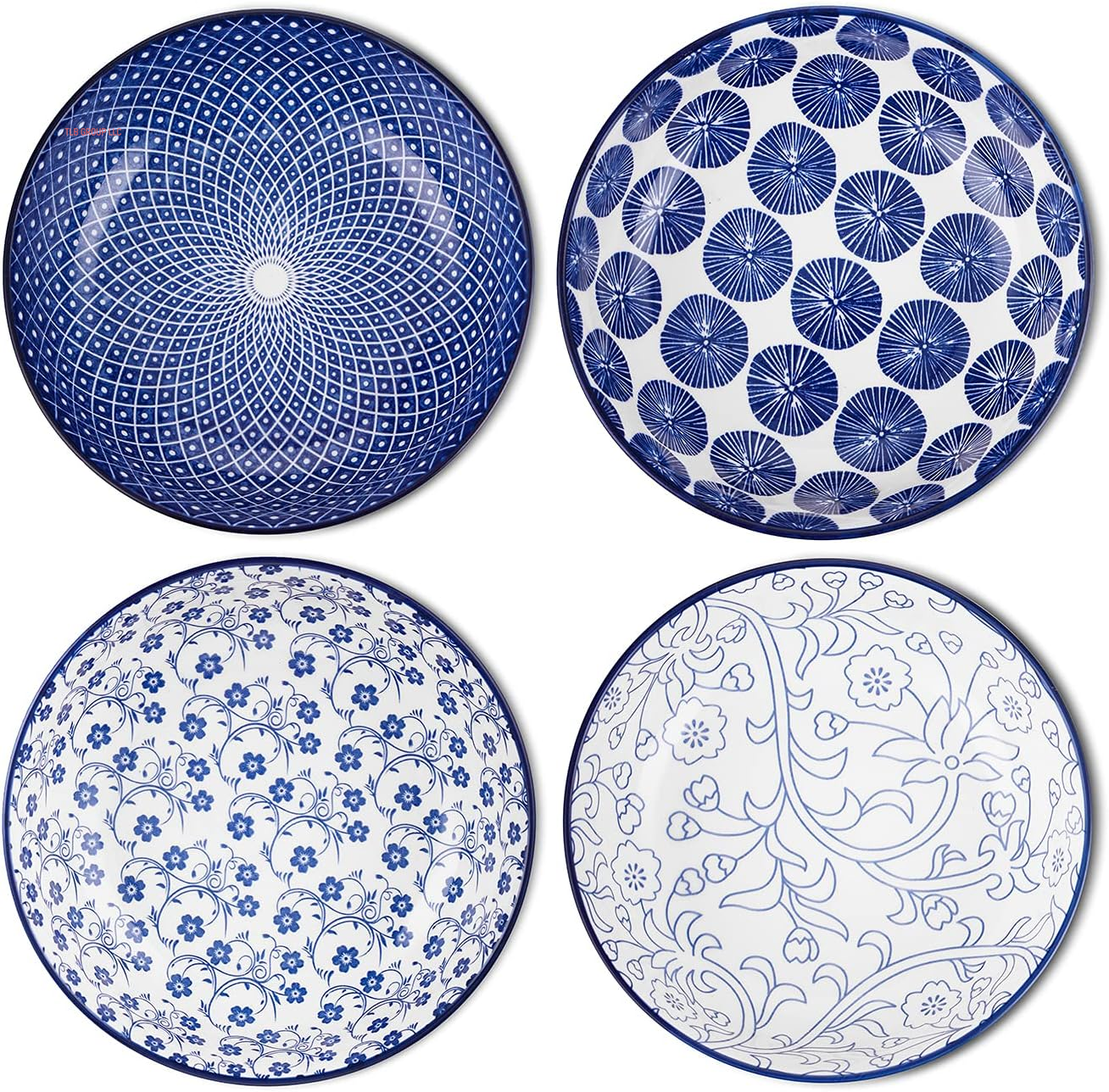 Porcelain Salad Pasta Bowls, Serving Bowls, Microwave & Dishwasher Safe, Sturdy & Stackable - 26 Ounce, Set of 6, Vintage Blue