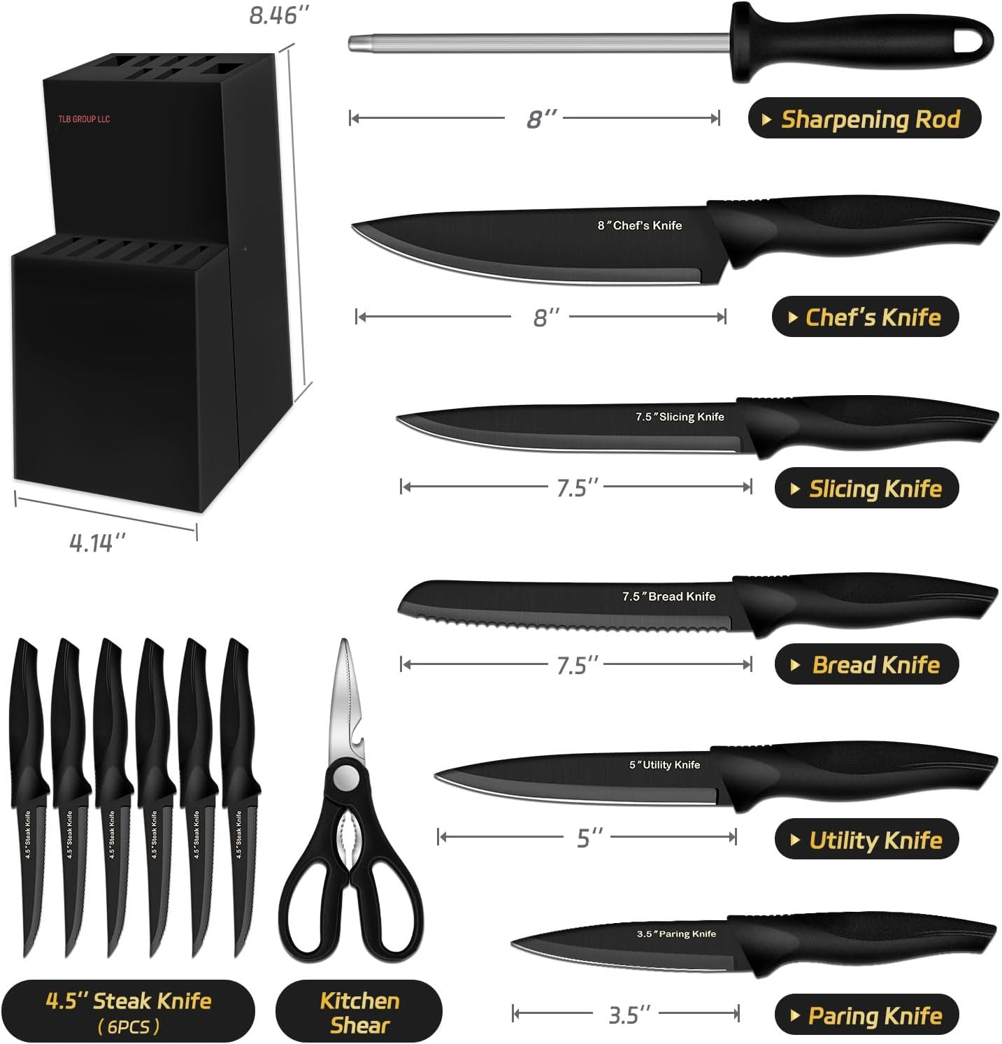 Knife Set, 14 Pieces Kitchen Knife Set, High Carbon German Stainless Steel, Dishwasher Safe Cutlery, Black