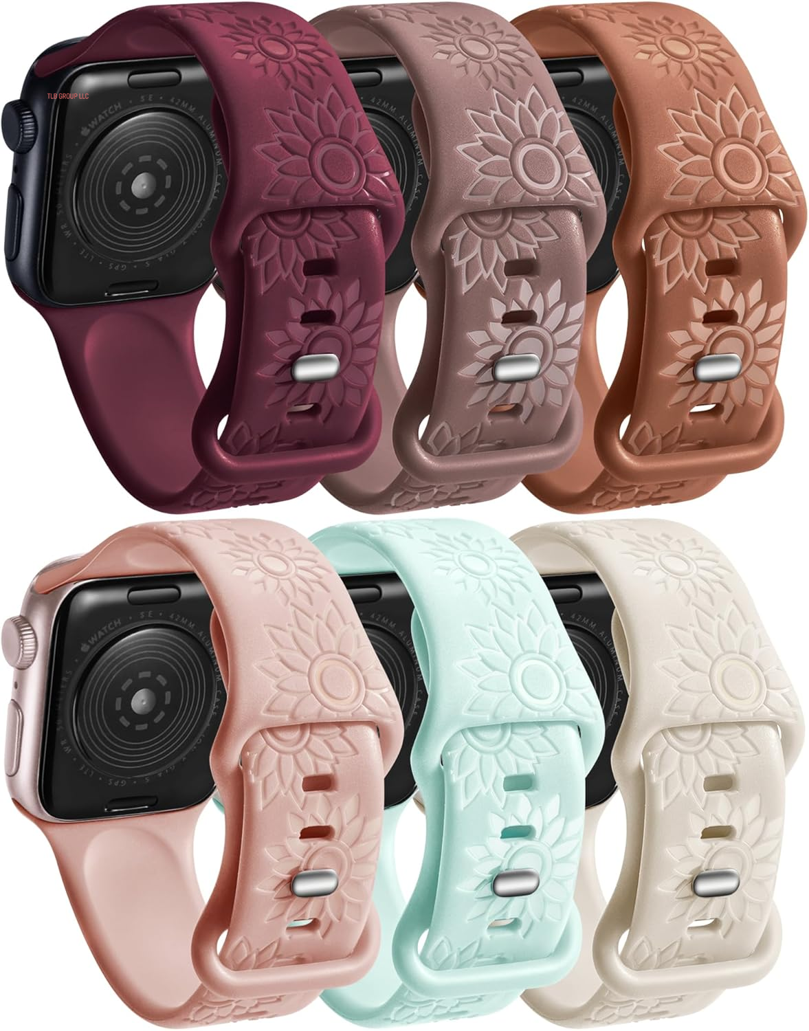 6 Pack Flower Engraved Bands Compatible Apple Watch Band with 38Mm 40Mm 41Mm 42Mm 44Mm 46Mm 45Mm 49Mm Women Men.Silicone Floral Reflective Sport Strap for Iwatch Series 10 9 8 7 6 5 4 3 SE Ultra 2 1
