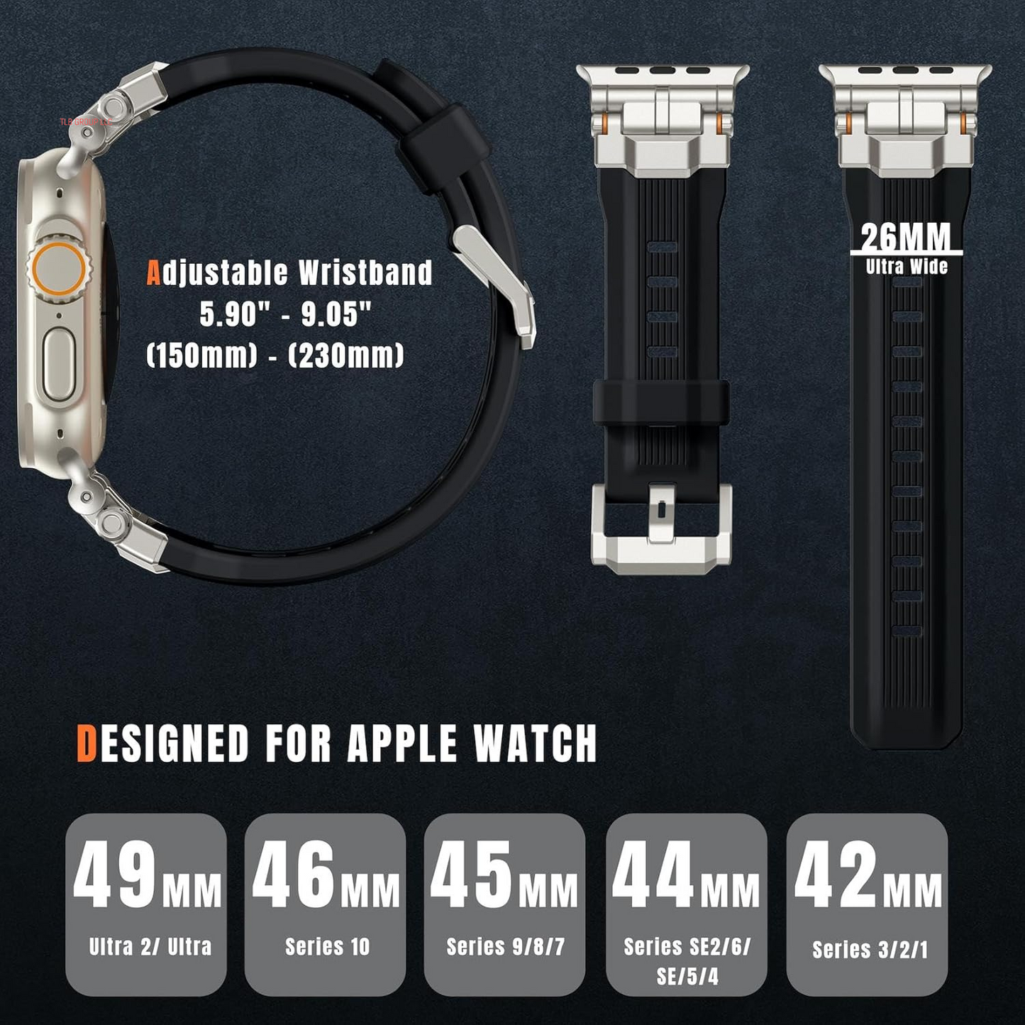 Compatible with Apple Watch Ultra 2 Band - 49Mm 46Mm 45Mm 44Mm 42Mm (Series 3 2 1) Bands for Men, Sport Rugged Silicone Strap with Metal Connector for Iwatch Series SE 10 9 8 7 6 5 4, Black