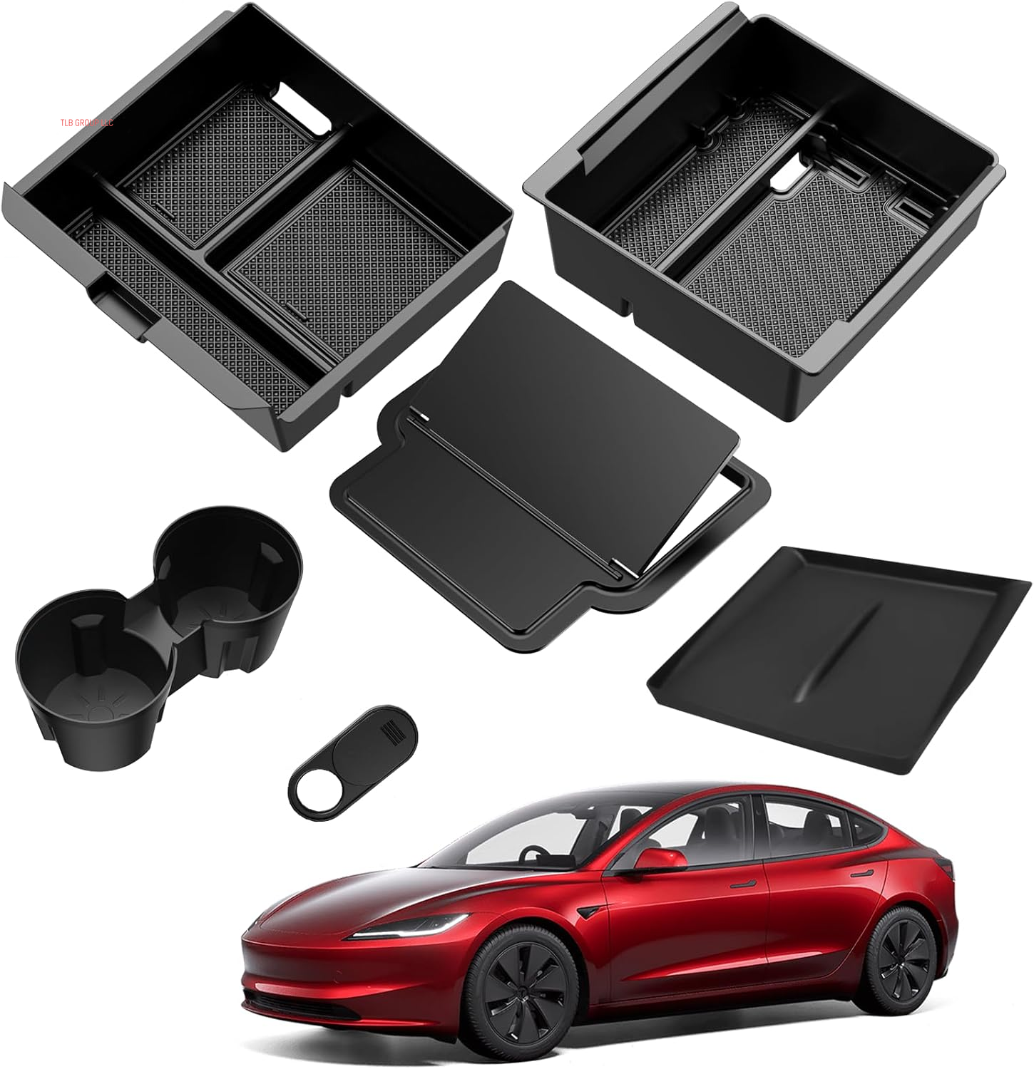 6PCS Upgraded Center Console Organizer for Tesla Model 3 Highland 2024 2025 Accessories [Smooth Sliding] Armrest Tray Push Button Hidden Storage Box Cup Holder Wireless Charger Mat, Black