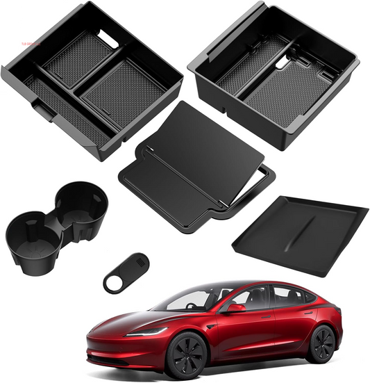 6PCS Upgraded Center Console Organizer for Tesla Model 3 Highland 2024 2025 Accessories [Smooth Sliding] Armrest Tray Push Button Hidden Storage Box Cup Holder Wireless Charger Mat, Black