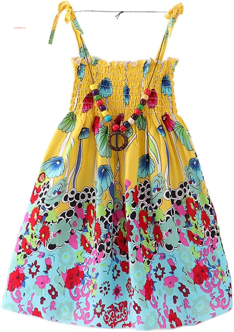 Girls Bohemian Dresses Floral Sleeveless Rainbow Beach Sundress with Necklace 2-12T
