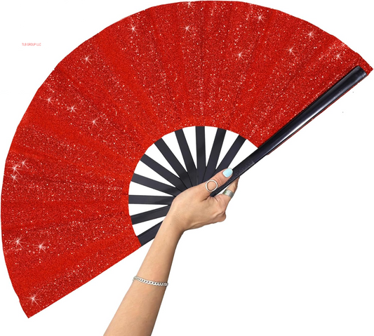 Large Folding Fan-Hand Fan Popping Fan for Line Dancing Clacking Fans for Boots on the Ground Dance, Party,Outdoor,Decoration (Red Glitter)