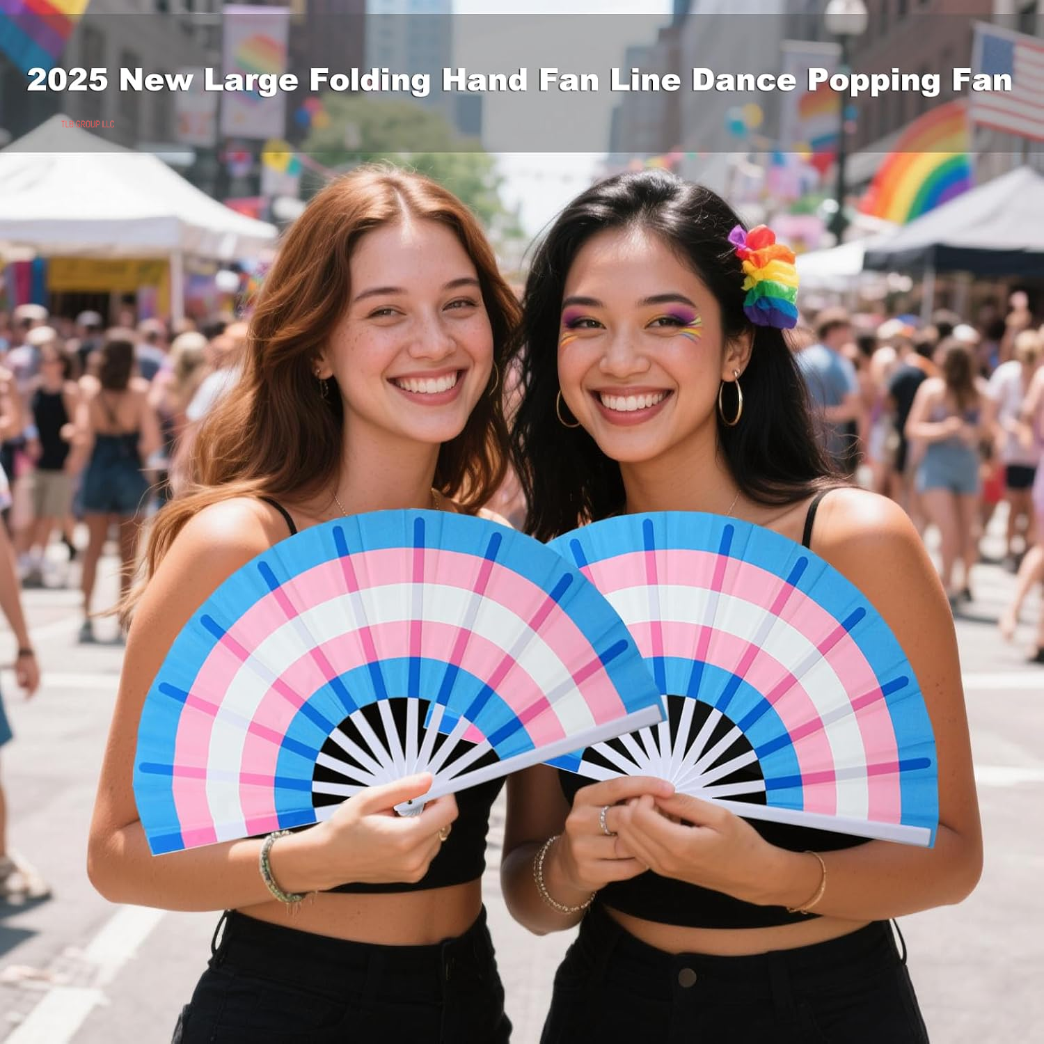 Rainbow Large Folding Fan-Hand Fan Popping Fans for Line Dancing Clacking Fans for Boots on the Ground Dance,Party,Outdoor,Decoration (Blue+Pink)