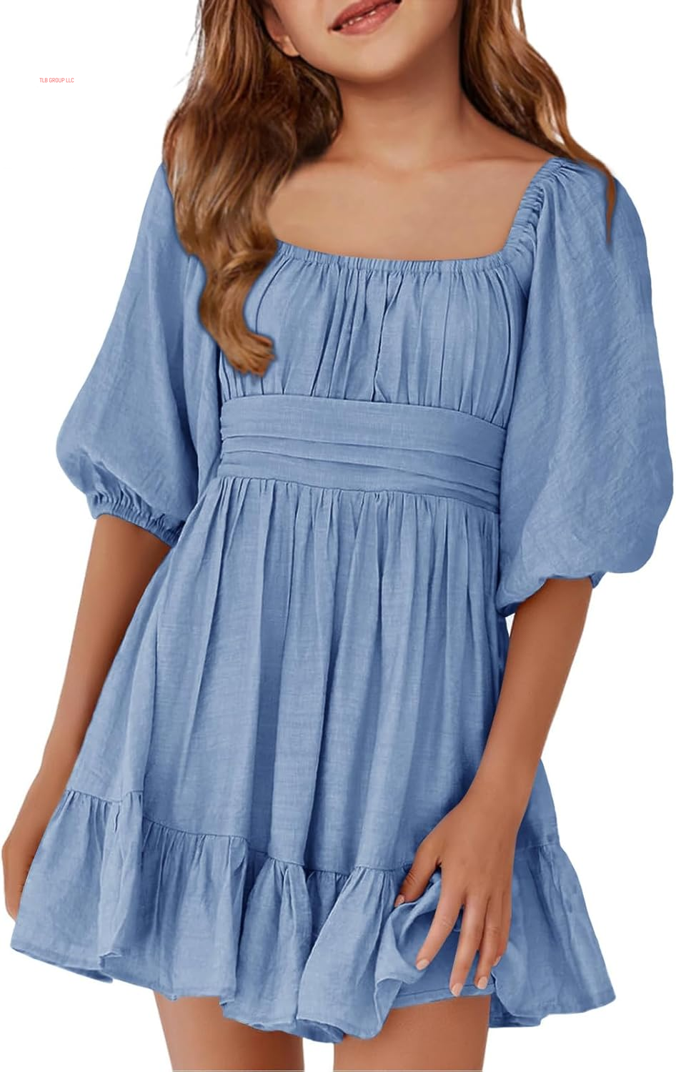 Girls Summer Dresses Square Neck Lantern Sleeve Tie Backless Ruffle A-Line Party Mini Dress
