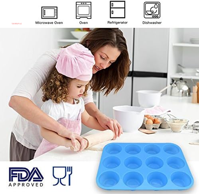 12-Cup Silicone Muffin Pan, Pack of 2 Non-Stick Muffin Molds, Baking Pan for Cupcake, Tarts, Egg Bites-Blue