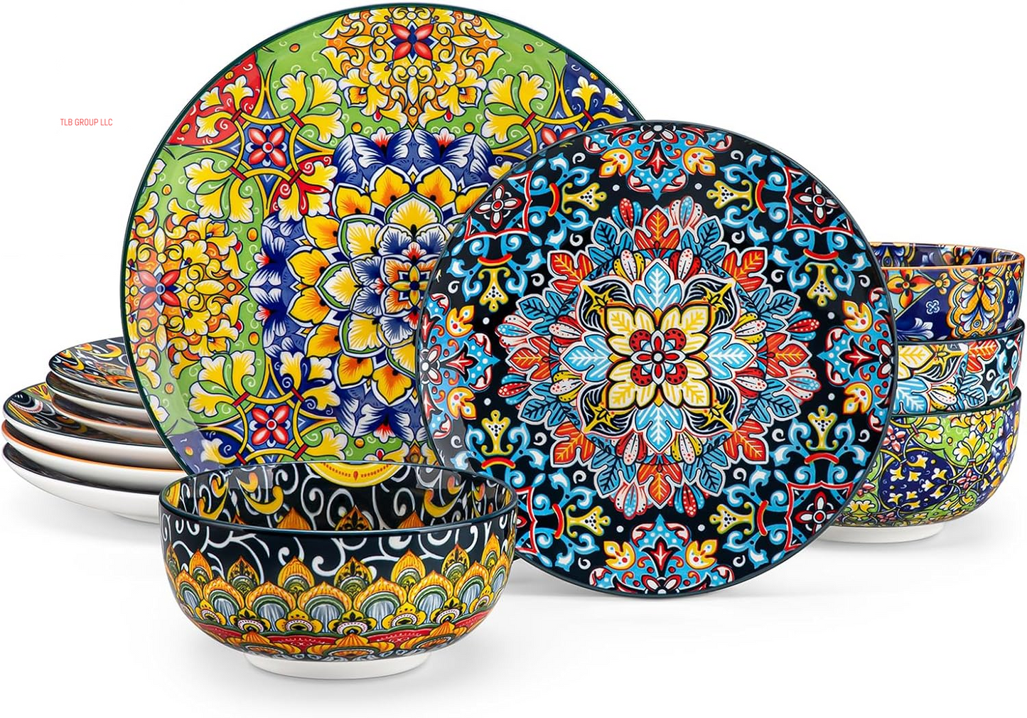 12 Pieces Dinnerware Sets, Plates and Bowls Set, Porcelain Dishes Set for 4, Microwave and Dishwasher Safe, Scratch Resistant, Bohemian Style Dining Ware Service for 4, Series SIMI