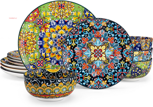 12 Pieces Dinnerware Sets, Plates and Bowls Set, Porcelain Dishes Set for 4, Microwave and Dishwasher Safe, Scratch Resistant, Bohemian Style Dining Ware Service for 4, Series SIMI
