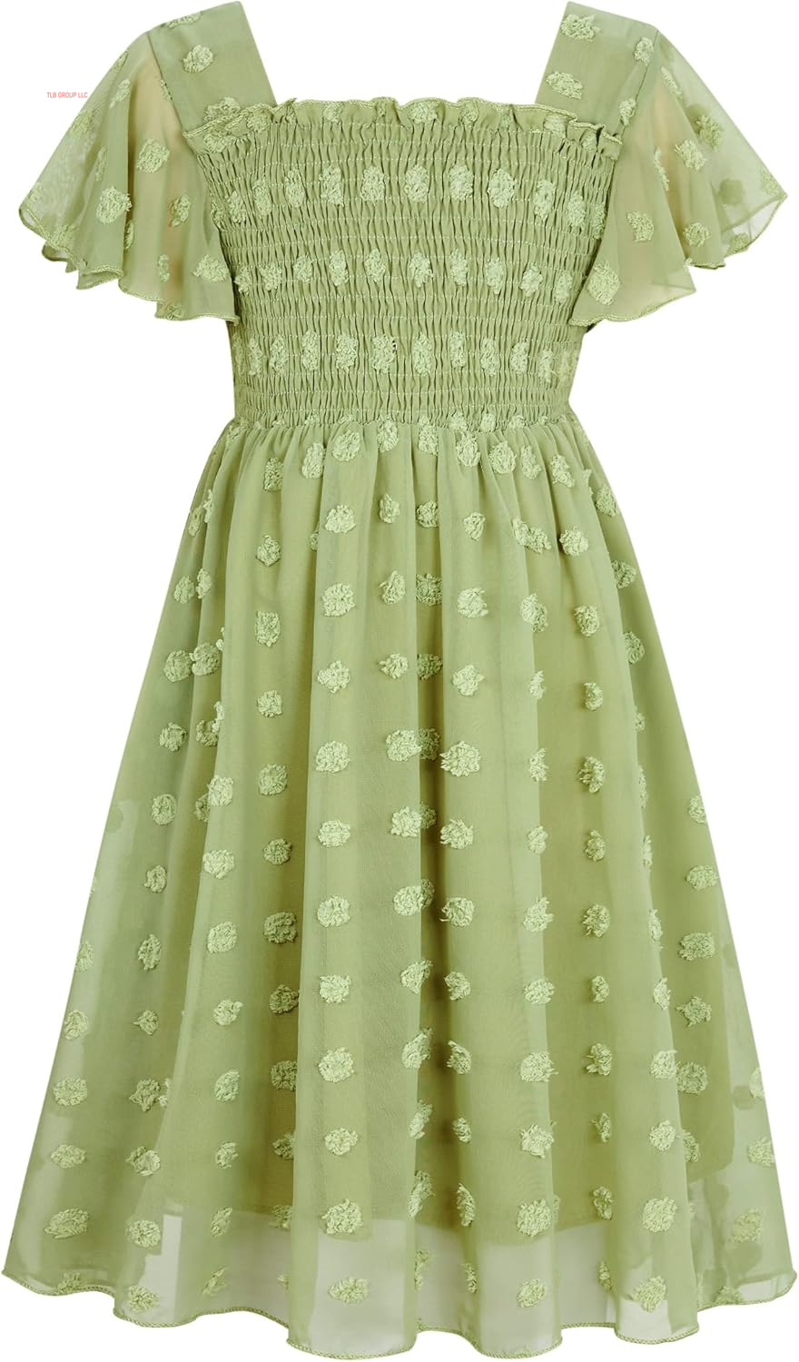 6-12T Girls Chiffon Dress with Solid Pom Poms & Flutter Ruffle Short Sleeve Kids Lace Square Neck Frocks