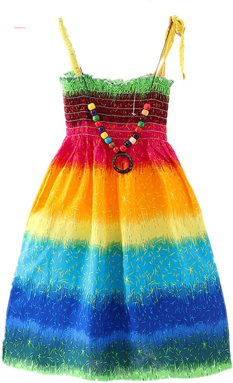Girls Bohemian Dresses Floral Sleeveless Rainbow Beach Sundress with Necklace 2-12T