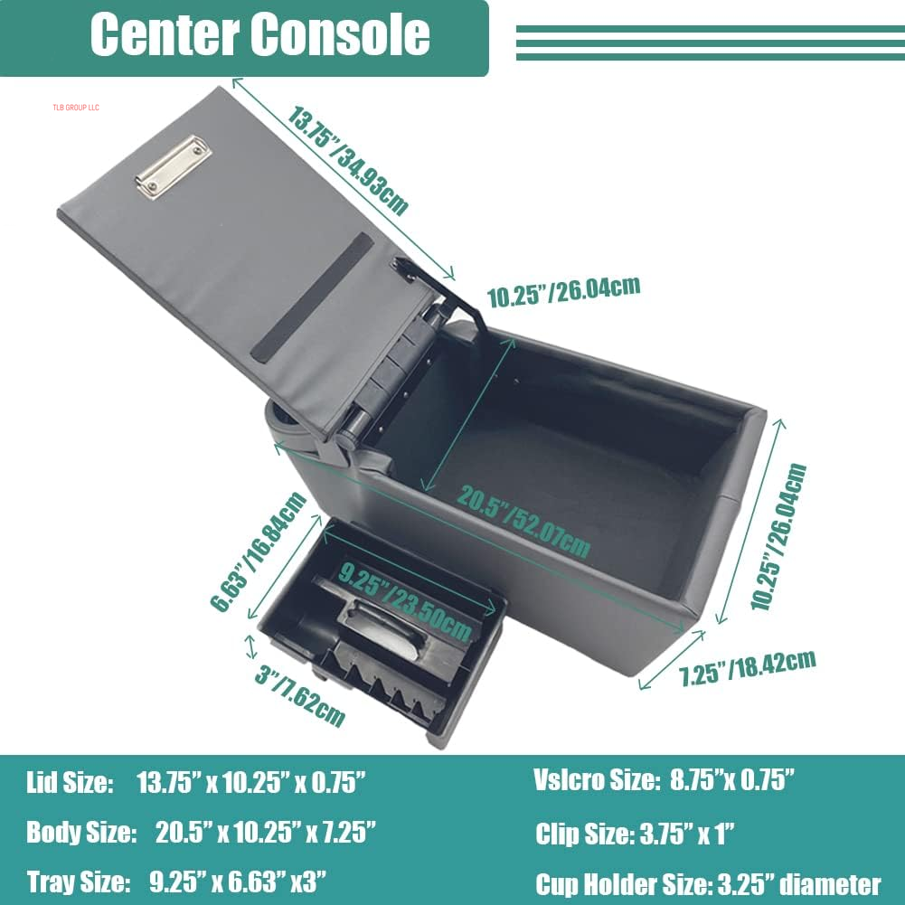 Universal Truck Seat/Bench Contractor Center Console Business Organizer and Storage with Adjustable Cup Holders, Clip Board, and Padded Top Lid for Armrest, Grey